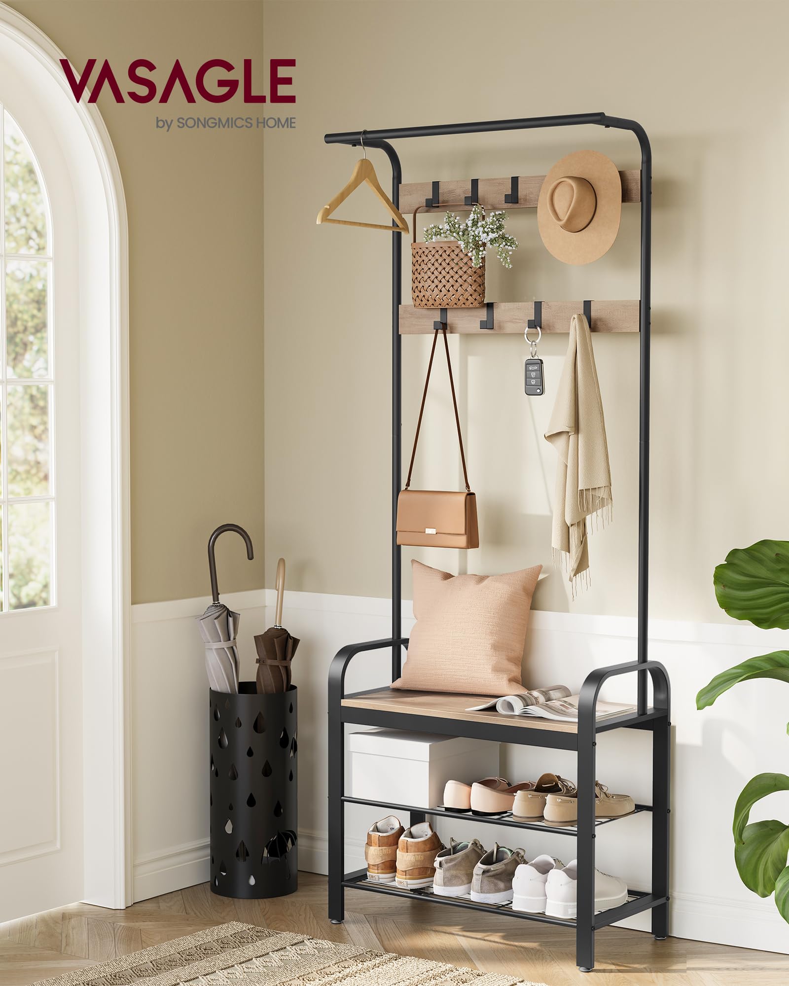 VASAGLE 4-in-1 Coat Rack with Shoe Storage Bench and 9 Hooks – Industrial