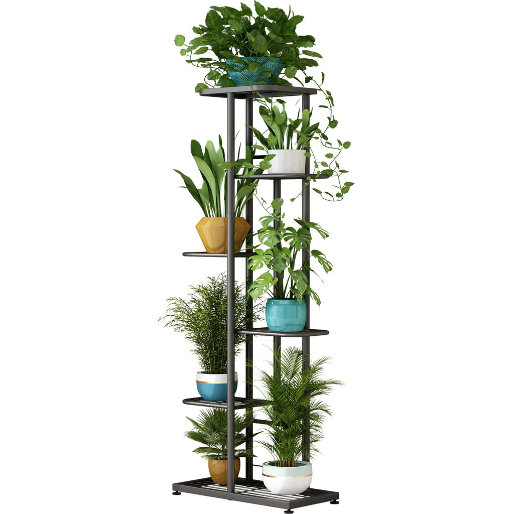 LINZINAR 6-Tier Metal Plant Stand – 7 Potted Vertical Flower Shelf, Dark Grey