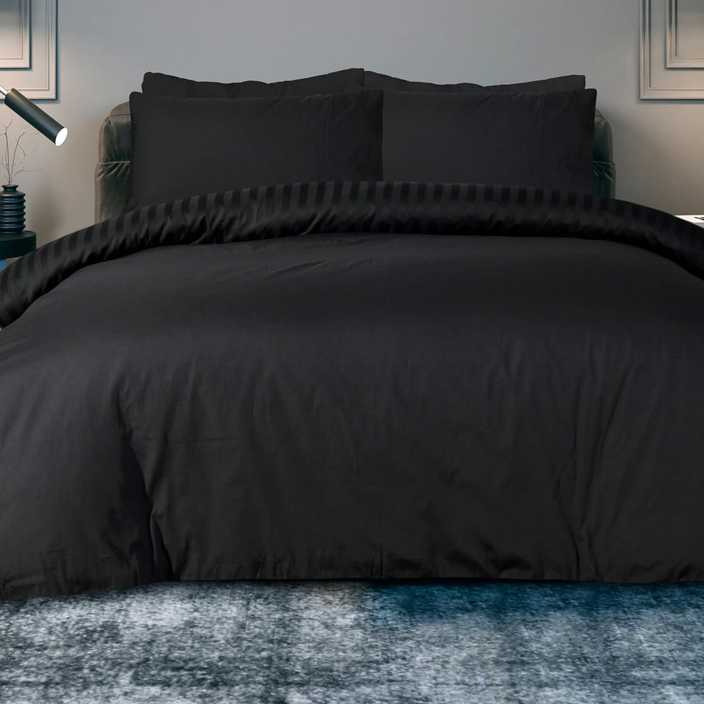 Sleepdown Black Satin Stripe Reversible Duvet Cover Set | Double Bedding