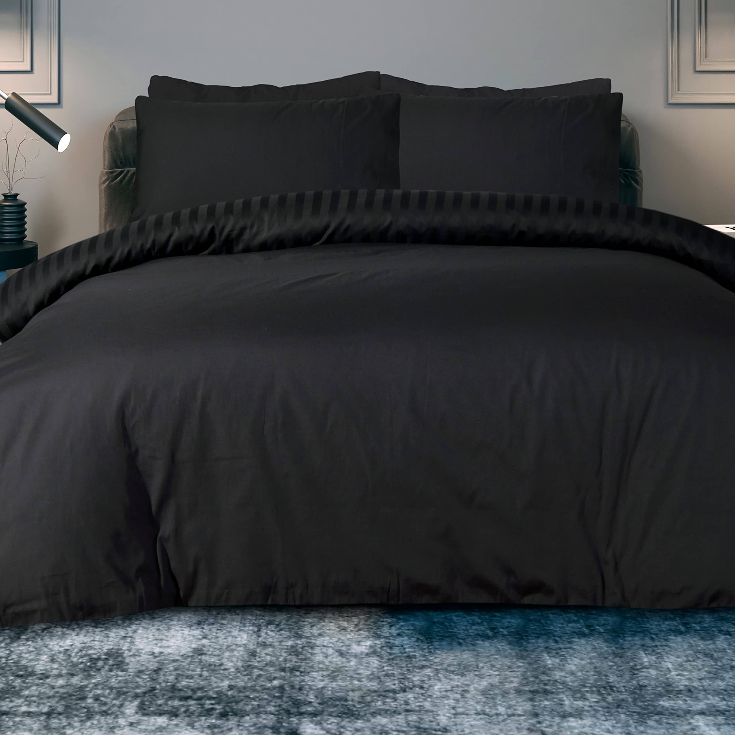 Sleepdown Black Satin Stripe Reversible Duvet Cover Set | Double Bedding