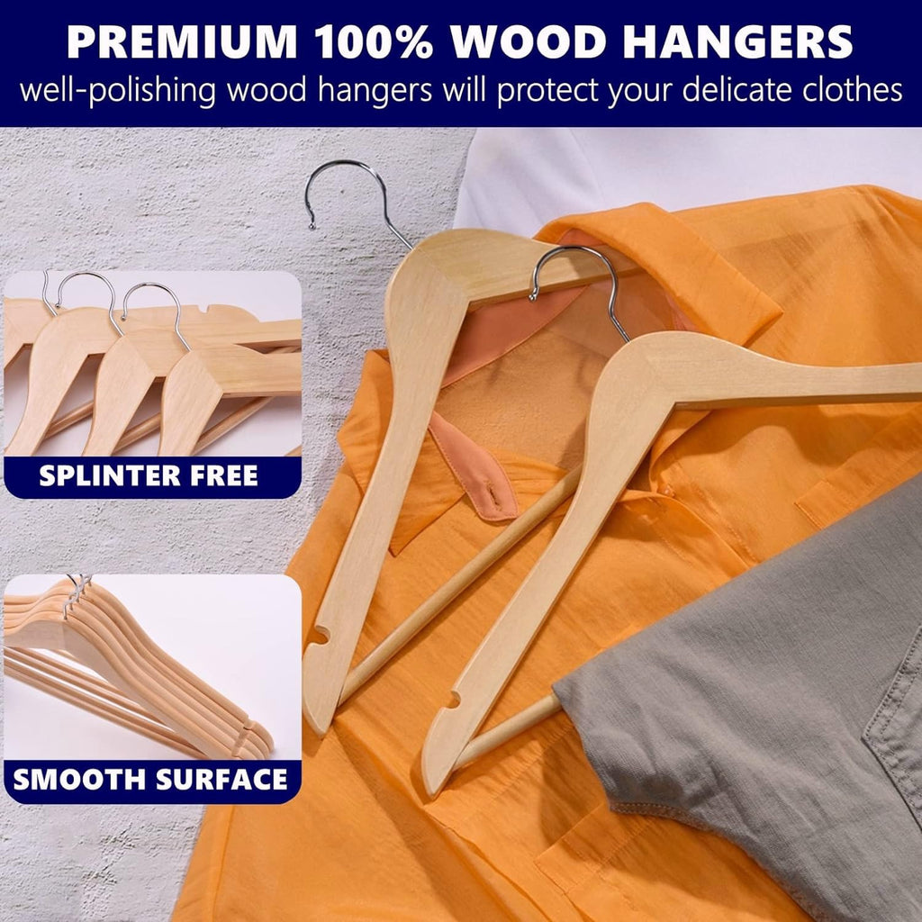 Amber Home Natural Wooden Coat Hangers – 30 Pack Non-Slip Suit Hangers