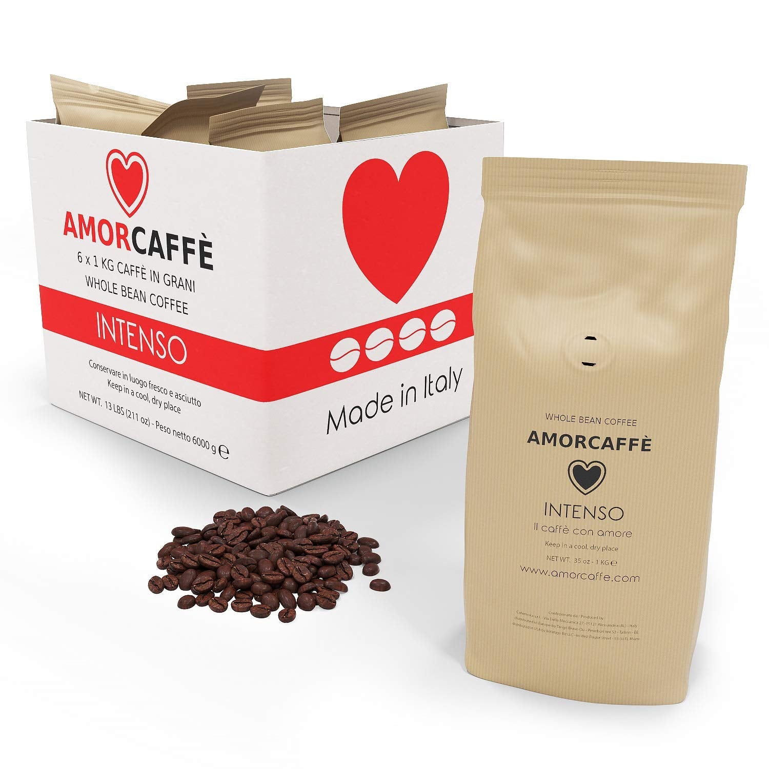 Amorcaffe Intenso Roasted Coffee Beans - Bulk 6kg Pack (6 x 1kg)