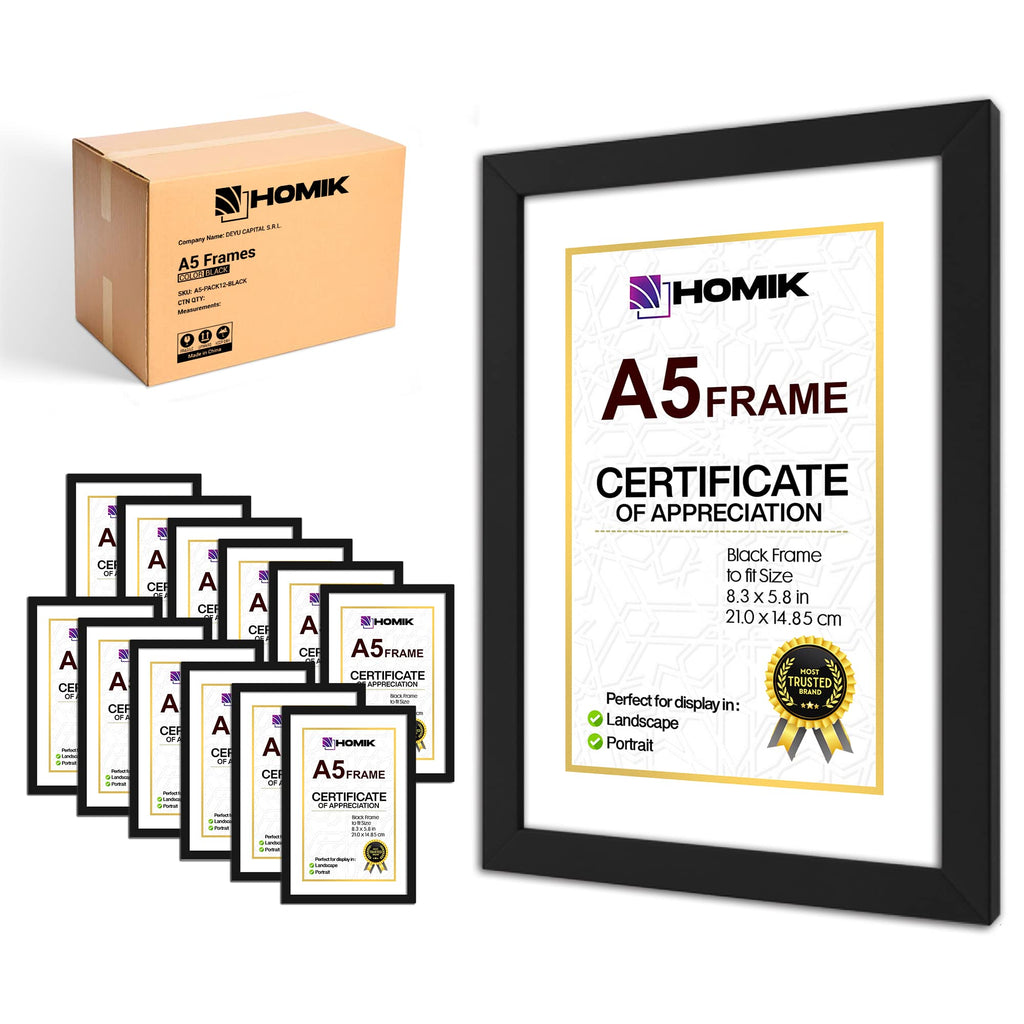 HOMIK A5 Black Picture Frames – Set of 12 MDF Wall Photo Frames