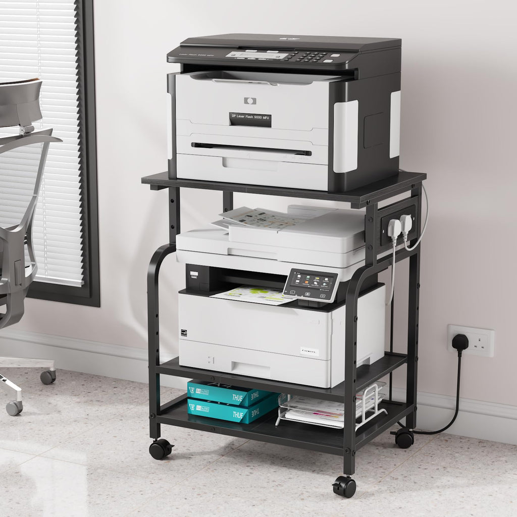 OYRREU 3-Tier Rolling Printer Stand with Outlets for Home, Office, Black - image 1