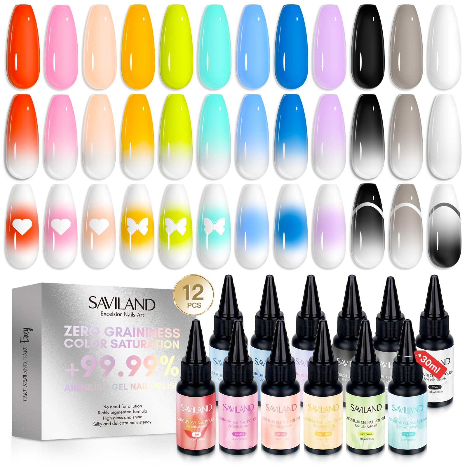 Saviland Airbrush Gel Nail Polish Set | 12 Colors 30ml for French Nail Art