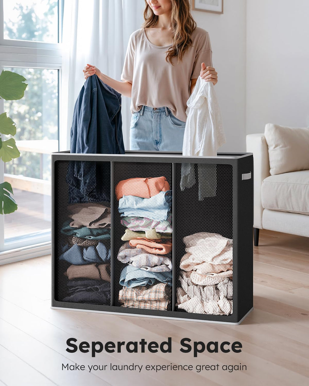 SOLEDI 160L 3-Section Laundry Hamper with Lid | Large Collapsible Sorter
