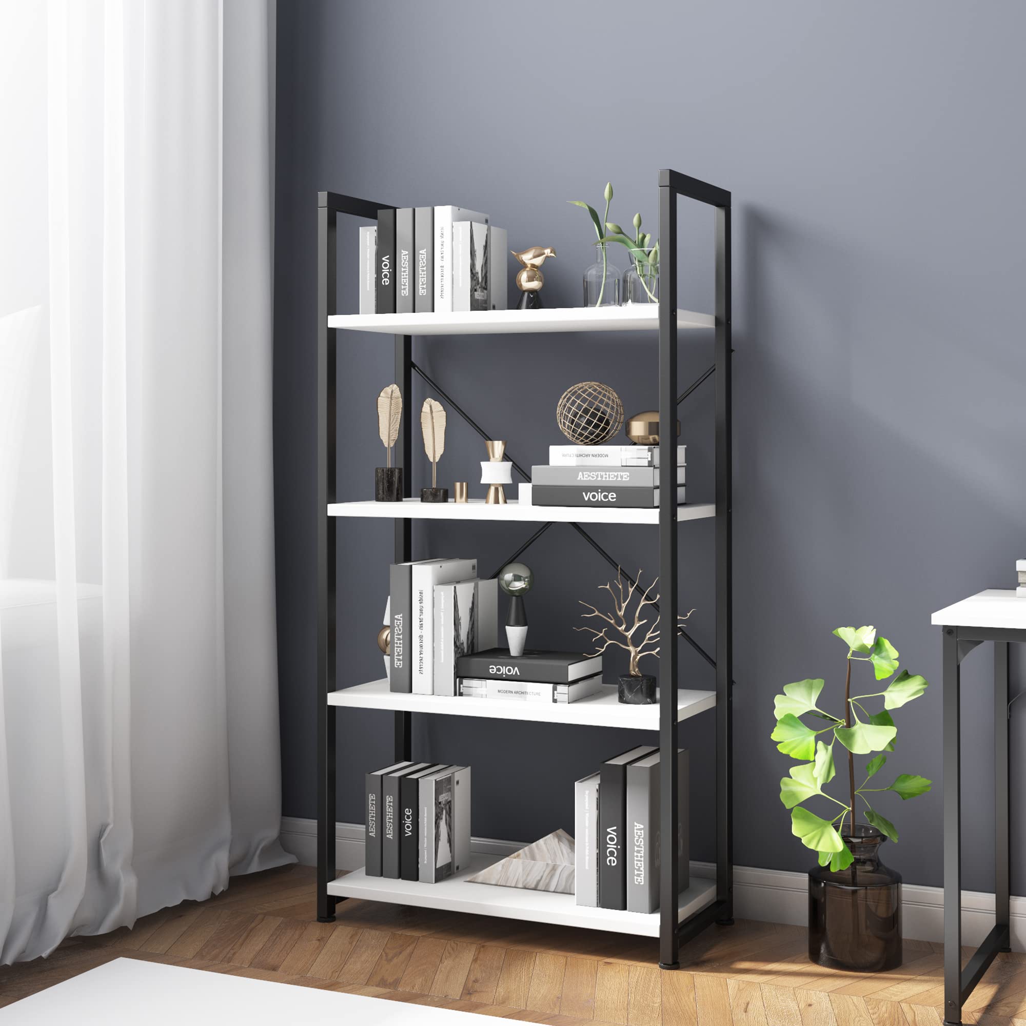 VERMESS 4-Tier Industrial Bookshelf – 24" White Wood & Metal Display Rack