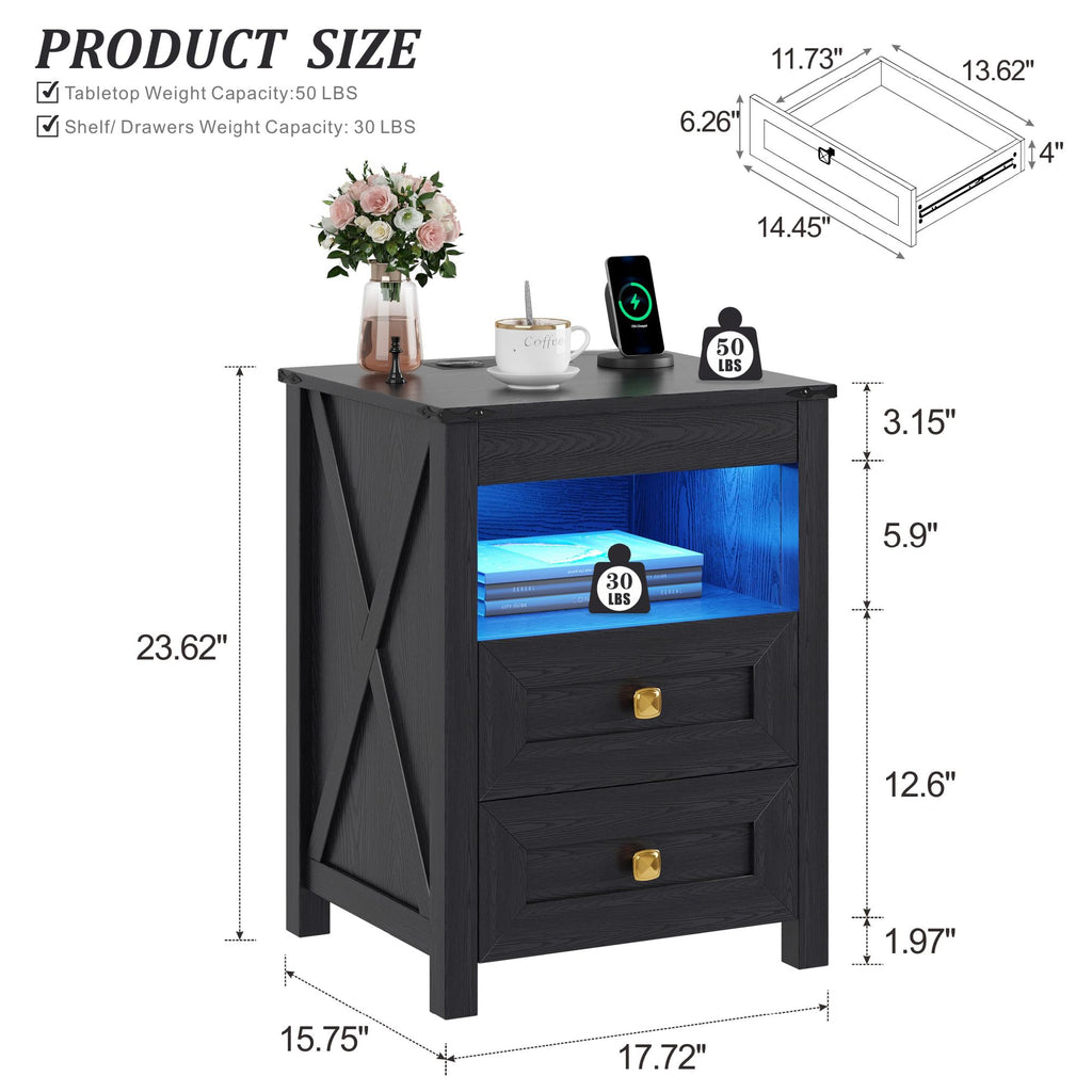 FREDEES LED Bedside Table with Hidden Drawer for Bedroom, Black - image 2