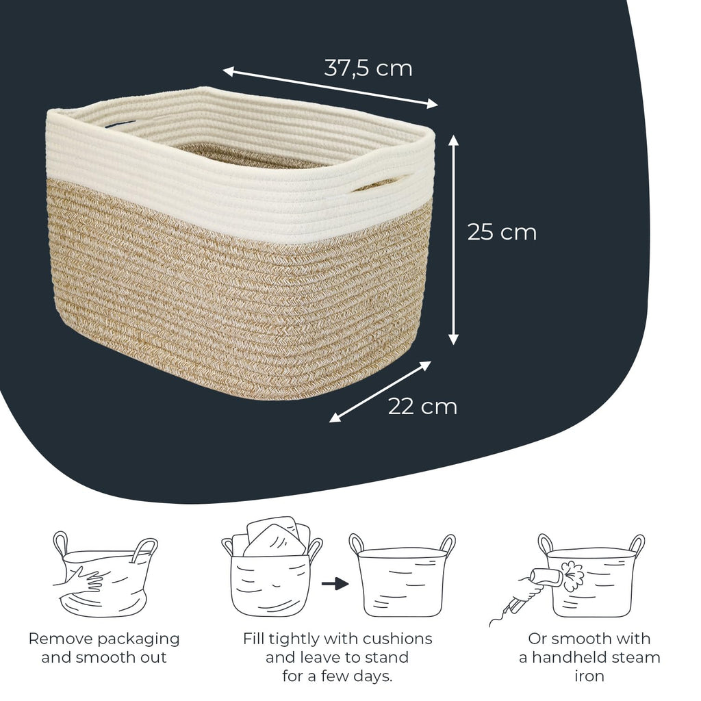 HMF Storage Basket with Hidden Handles, Set of 3, Cotton Basket, 37.5 x 25 x 22.5 cm, White/Brown - image 5