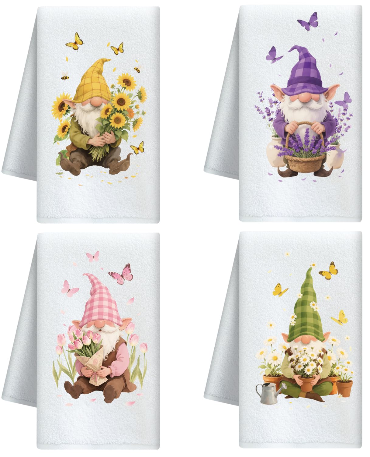 CUTHOLLOW Gnome & Flower Microfiber Kitchen Towels – 4 Pack, 60x40cm