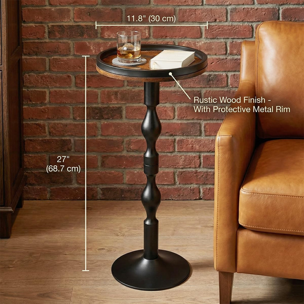 ZEXVIDA Industrial Round Side Table,Black Metal & Dark Wood Drinks Table with Tray Top, Rustic Martini End Table for Living Room - image 3
