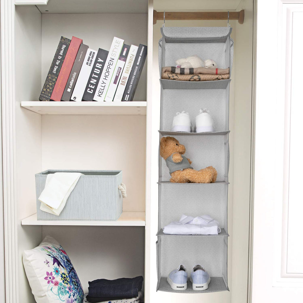 BrilliantJo Hanging Wardrobe Closet Storage with 5 Shelves Organiser, Storage Shelves Unit with 6 Pockets for Clothes - Light Grey30 x 30 x 108cm - image 5