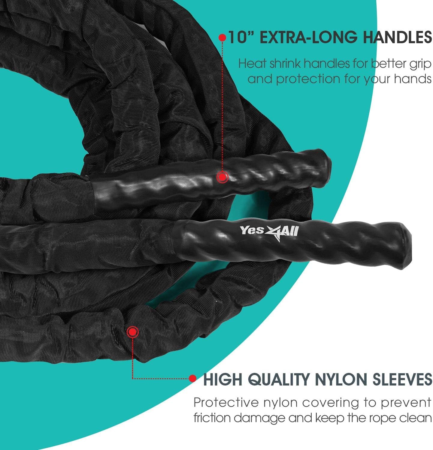 Yes4All Battle Rope with Protective Cover, Anchor & Strap - 12m x 38mm