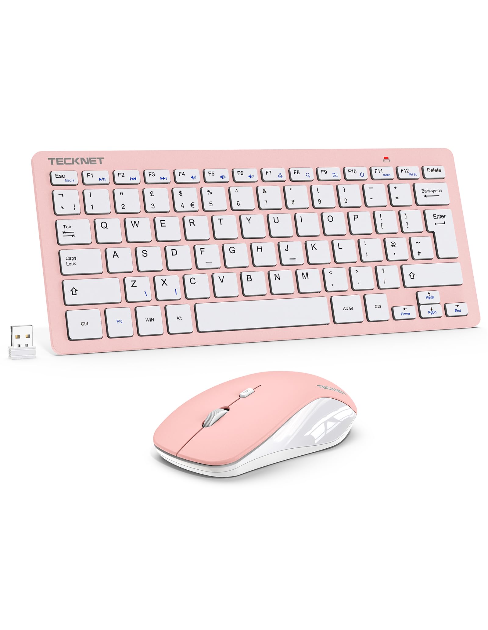 TECKNET Mini Wireless Keyboard and Silent Mouse Set – 2.4G USB, Pink