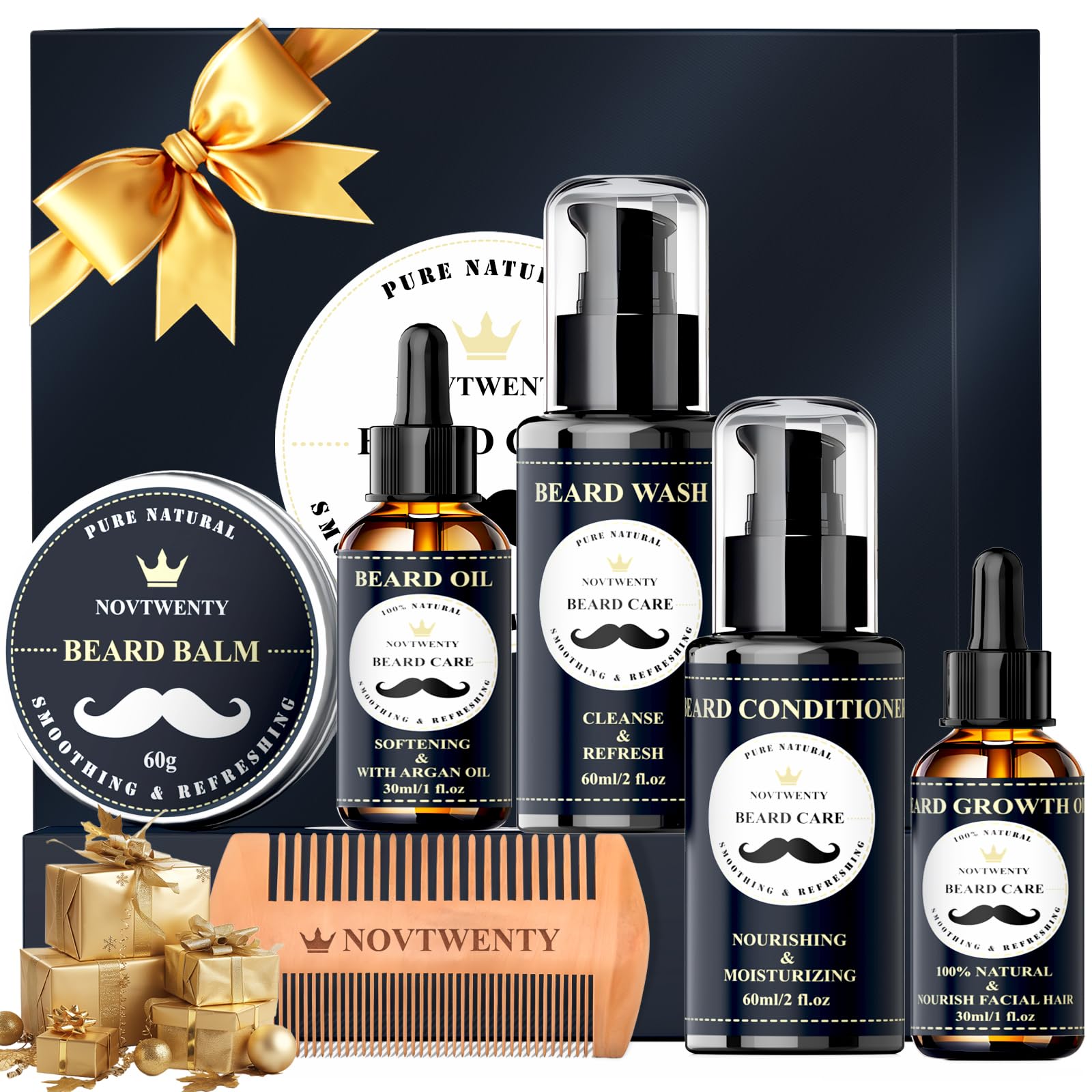 NOVTWENTY Beard Growth Kit | 7-Piece Grooming Set with Oil and Balm