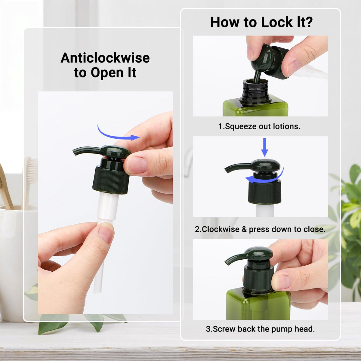 Segus Hand Soap Dispenser, 3 Pieces 100ml Empty Shampoo Bottles, Small Shower Dispensers with Labels, in Plastic, Bathroom Accessories Dark Green