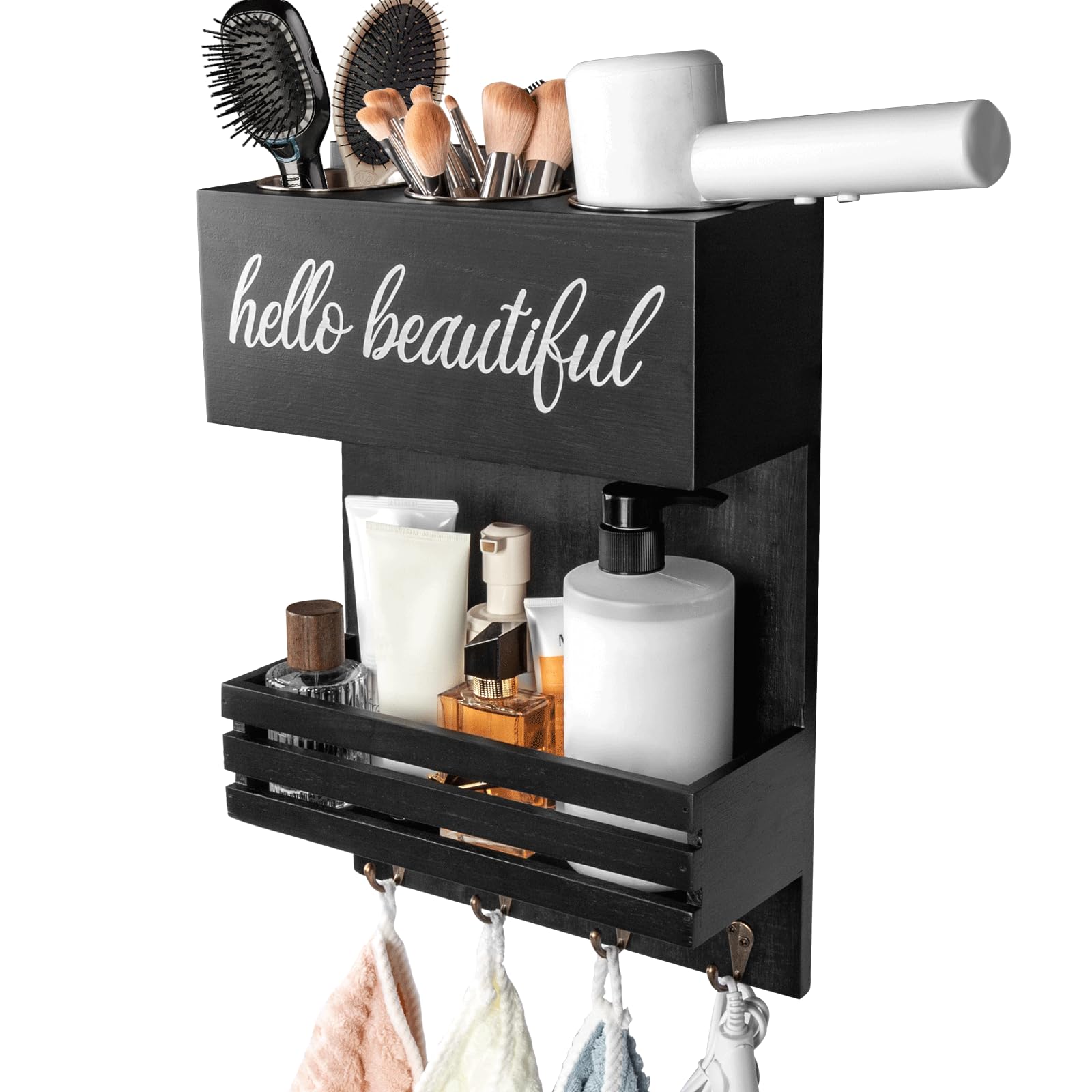 Cokritsm Wooden Hair Dryer Holder – 2-Tier Wall Mount Hair Tool Organizer