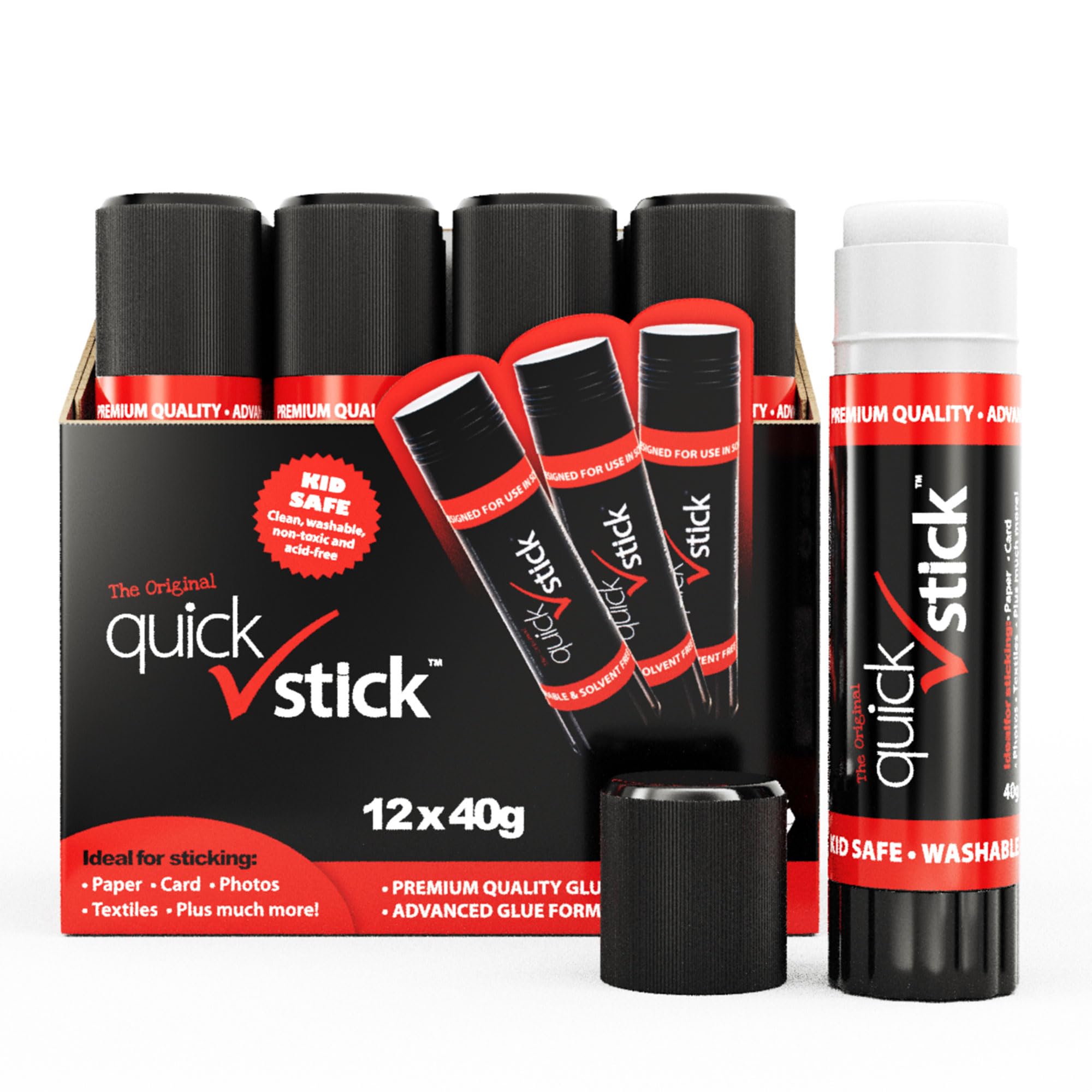 Quick Stick Glue Sticks - 12 Pack x 40g Non-Toxic Adhesive for School