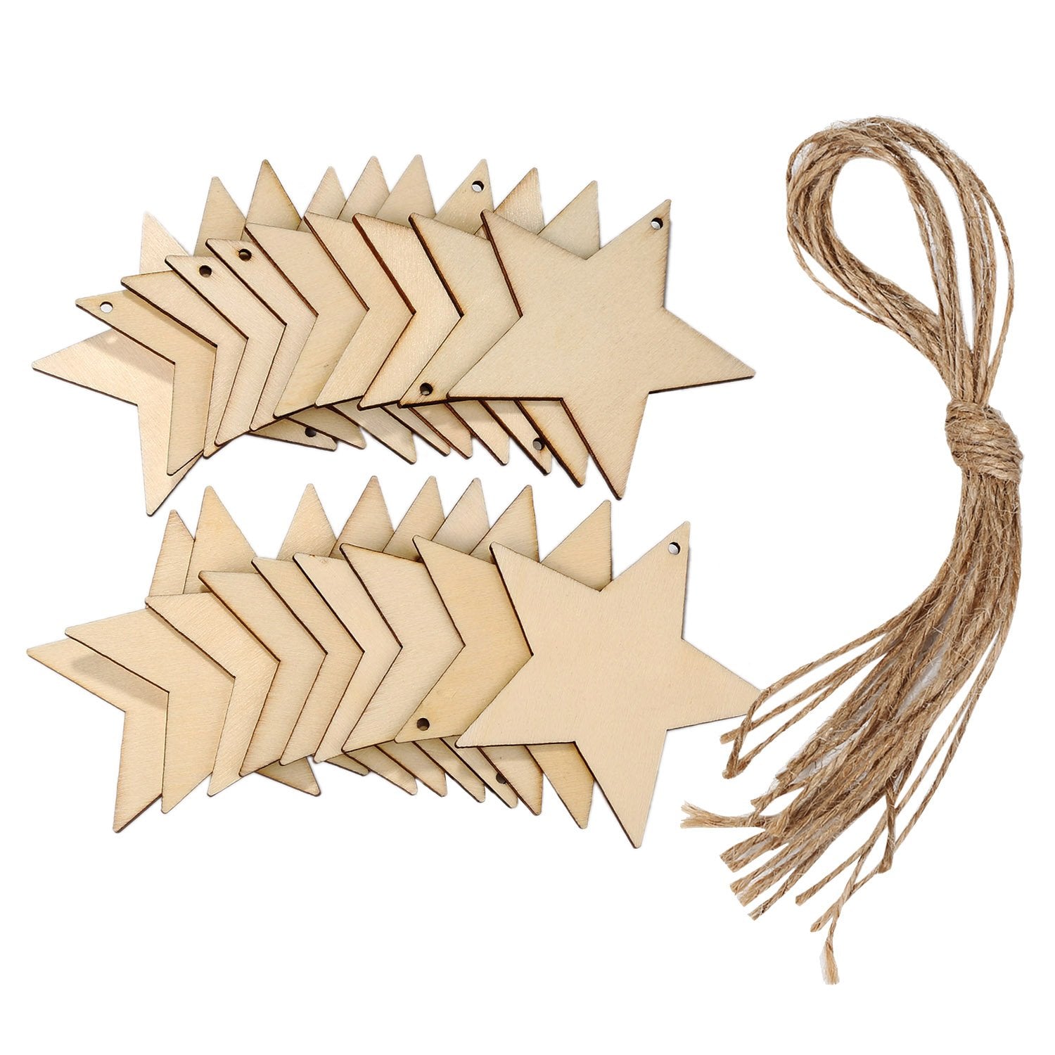 Jolof Store 60pc Wooden Star Cutouts with Twine for Christmas Crafts