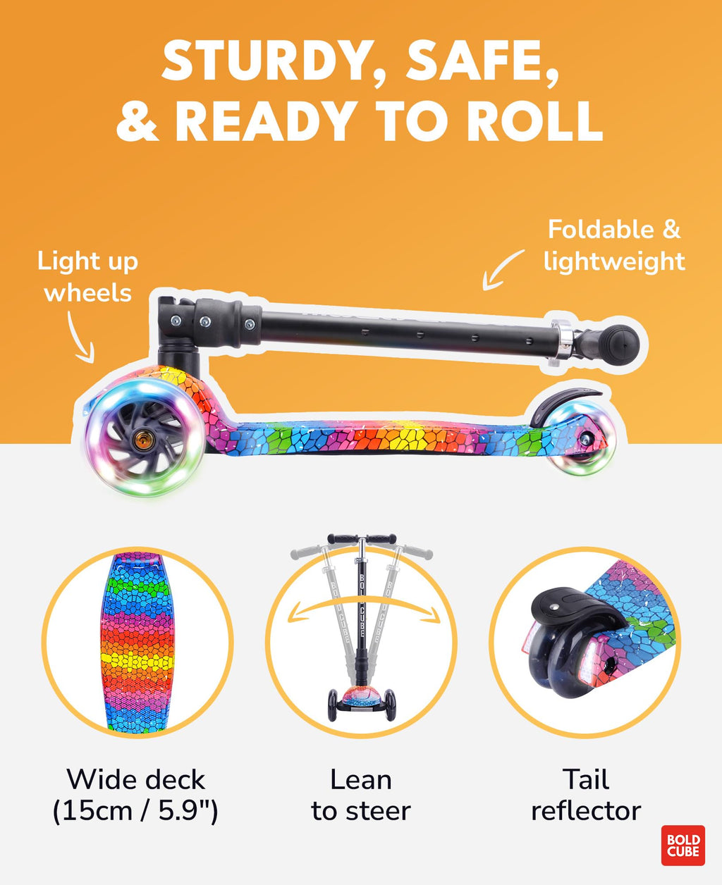 BOLDCUBE Big Fold 3-Wheel Kids Scooter with LED Wheels - Crystal Rubix