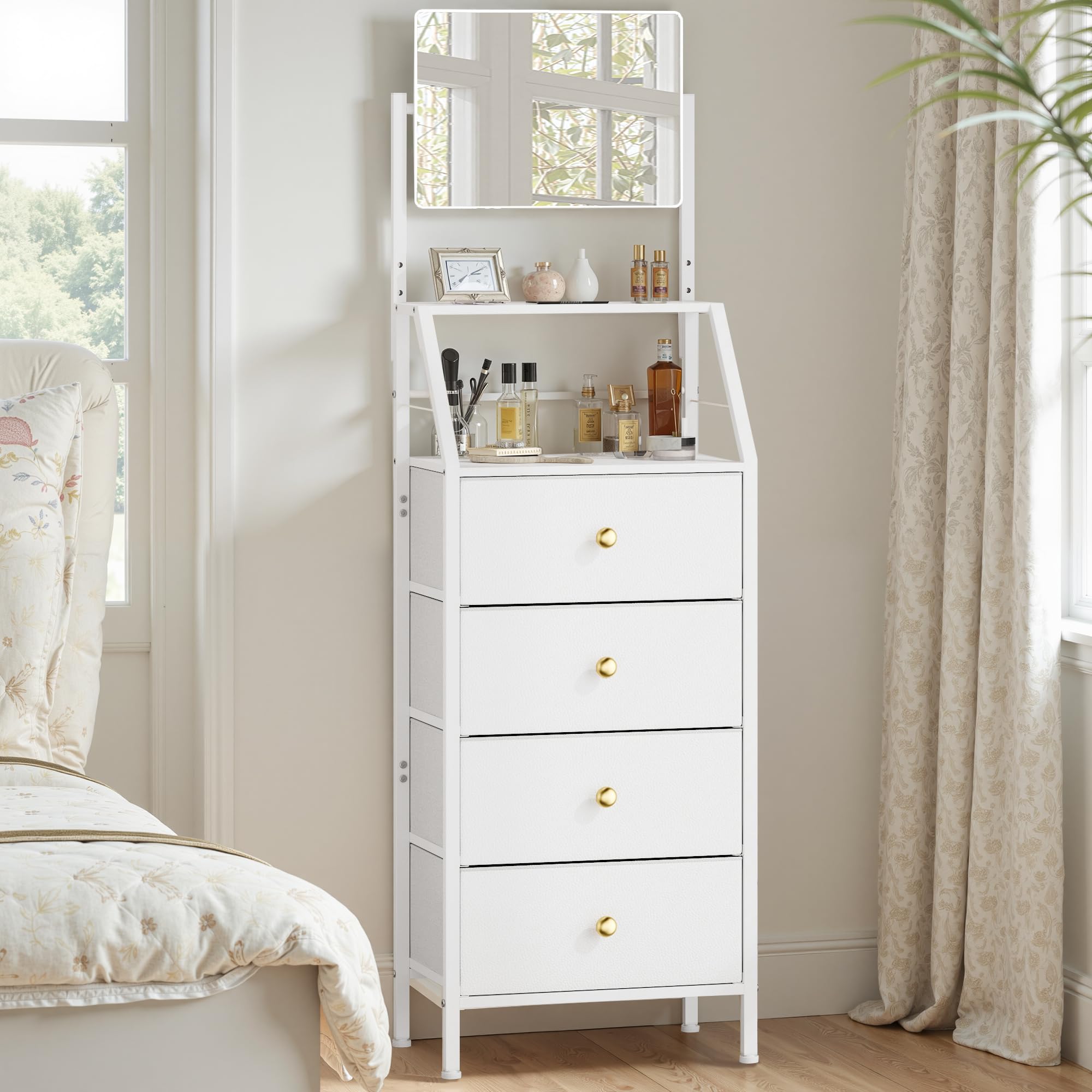 OYRREU Tall Dresser with Adjustable Mirror | 4 Fabric Drawers, White
