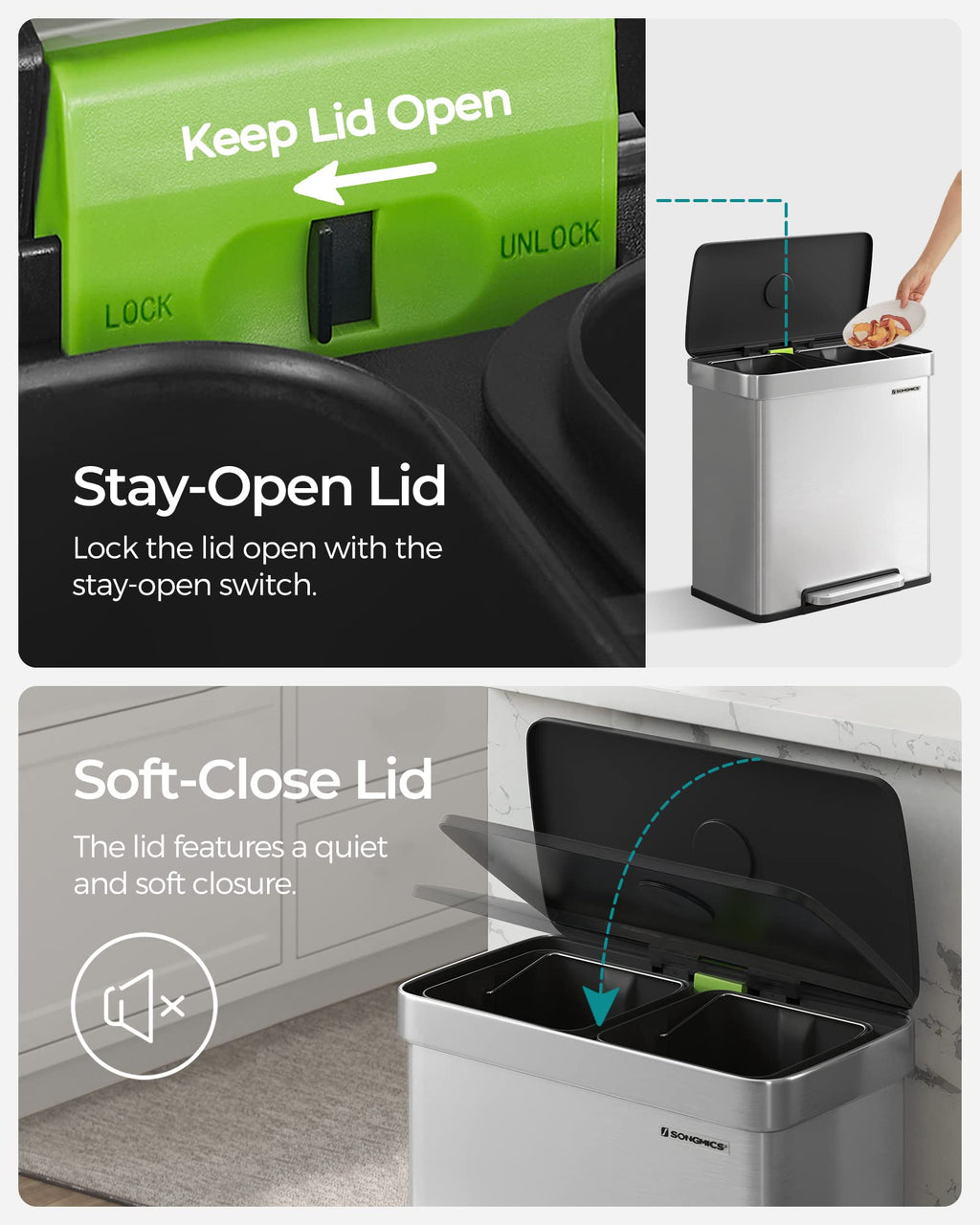 SONGMICS 60L Stainless Steel Kitchen Bin – Dual 30L Recycling Pedal Bin