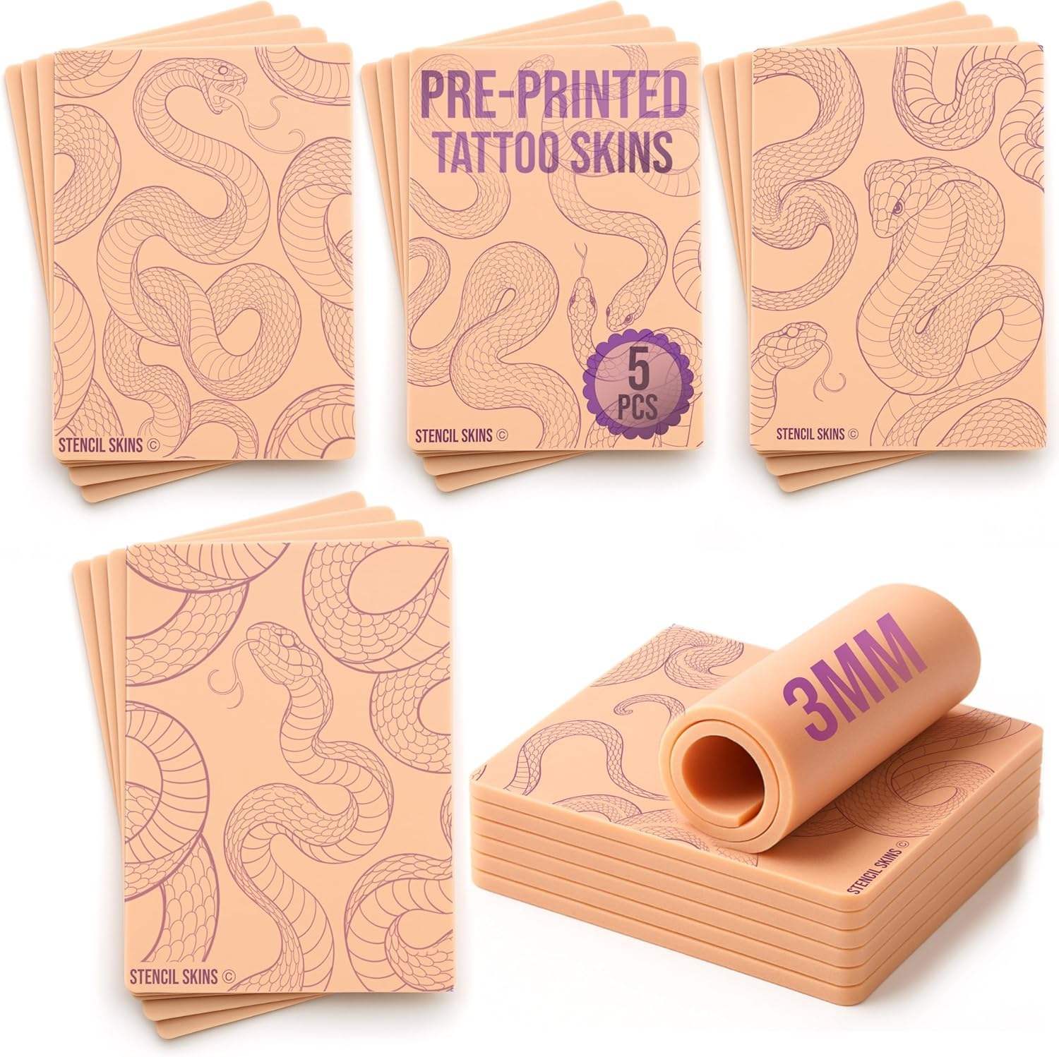 3mm Silicone Tattoo Practice Skin - 5 Serpentine Designs