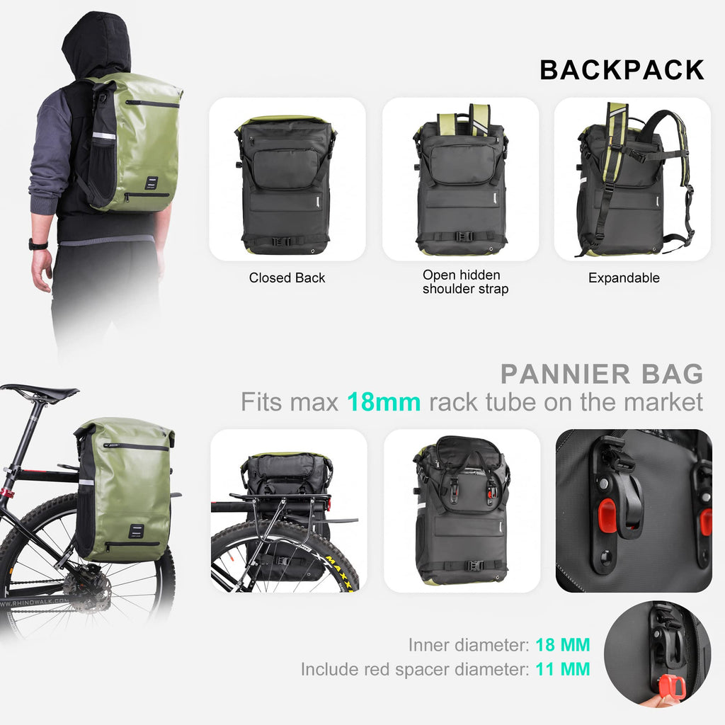 Rhinowalk 22L Waterproof Bike Pannier Bag | 15" Laptop Backpack