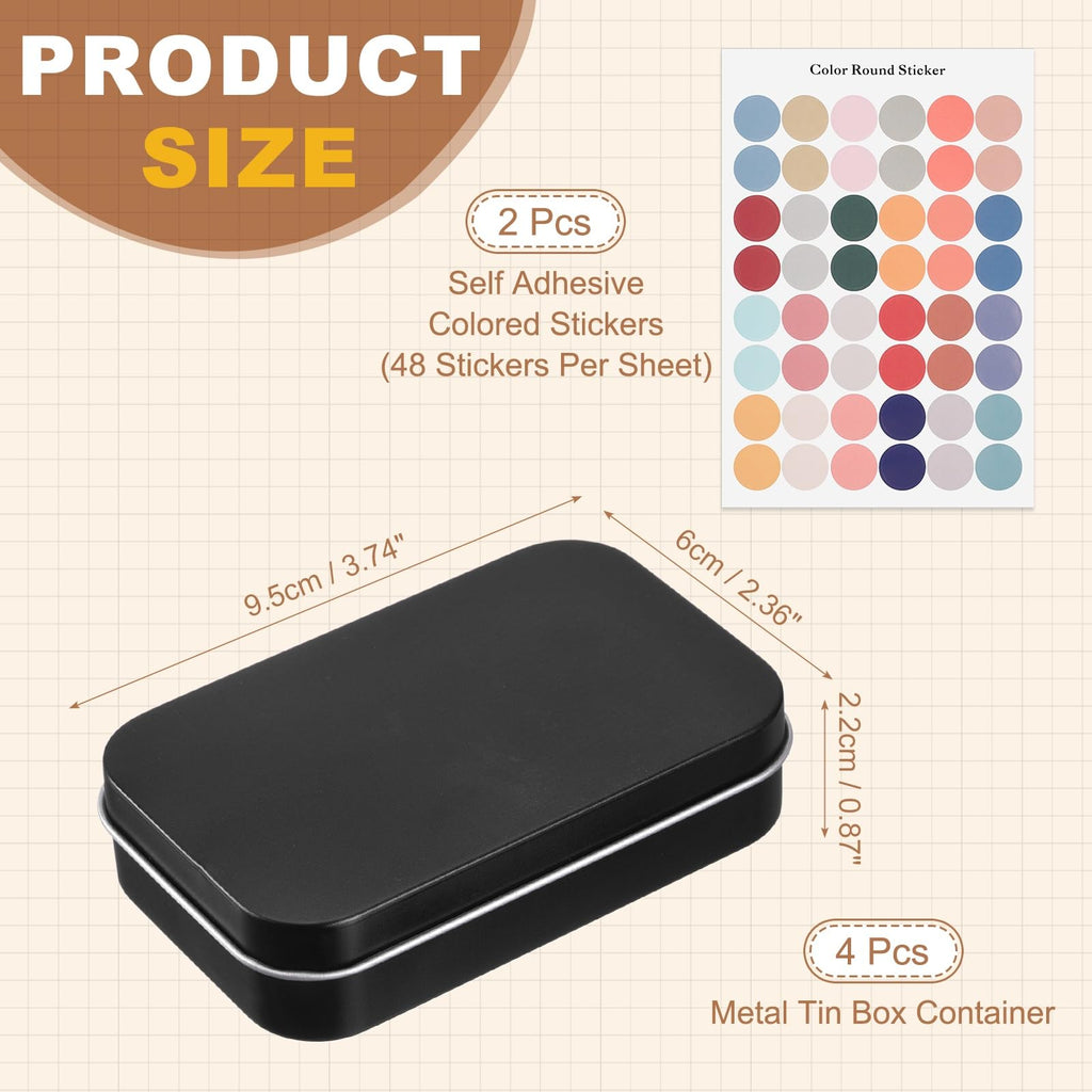 sourcing map 4Pcs Metal Tin Box Container, 3.7x2.4x0.9 Rectangular Empty Box with Self Adhesive Colored Stickers - image 2