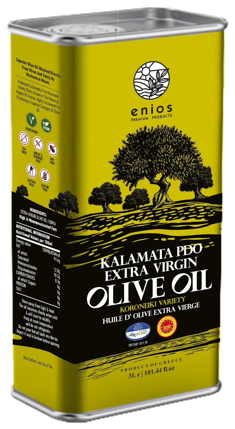 Enios Greek PDO Kalamata Extra Virgin Olive Oil - 3L Cold Pressed