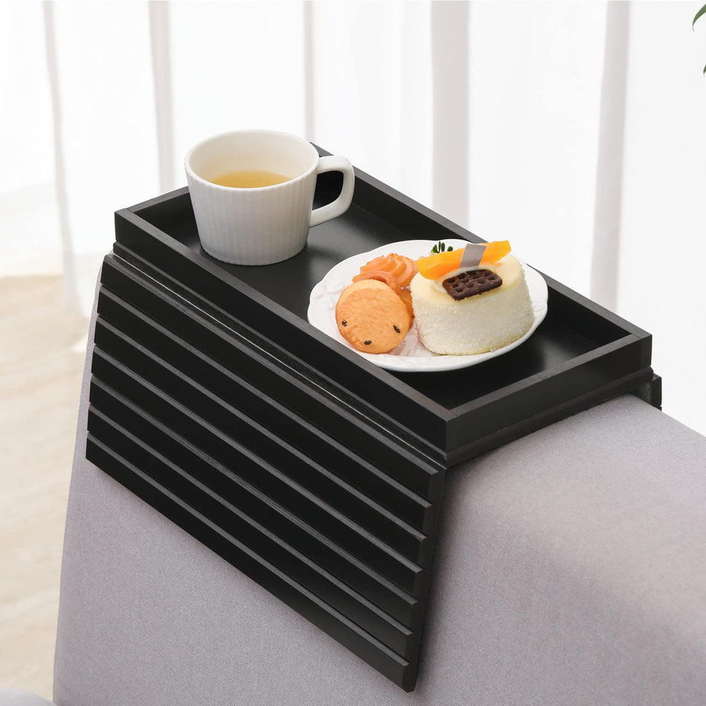 GEHE Bamboo Sofa Arm Tray – Foldable Anti-Slip Couch Armrest Table, Black