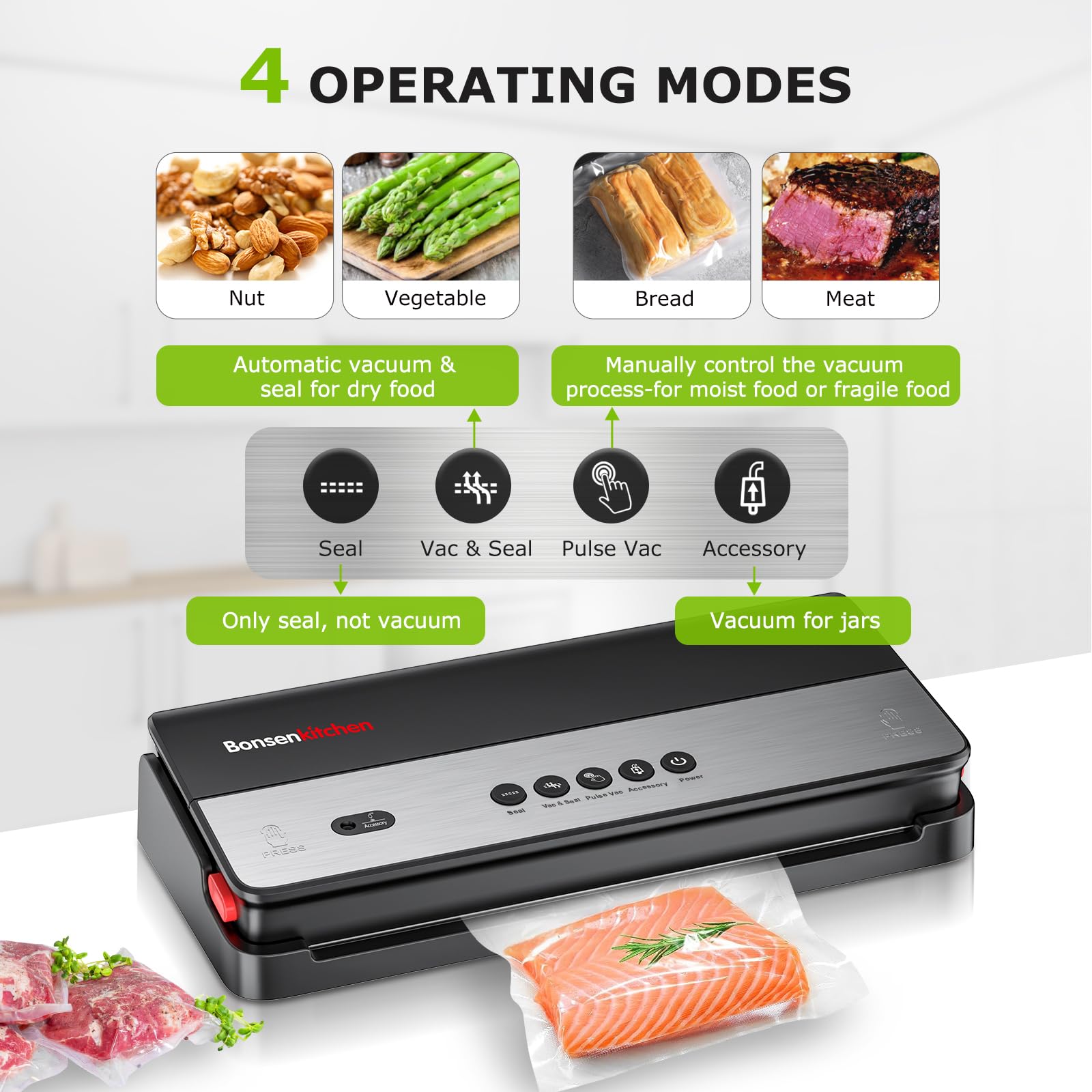 Bonsenkitchen Vacuum Sealer Machine with Built-in Cutter and 50 Bags