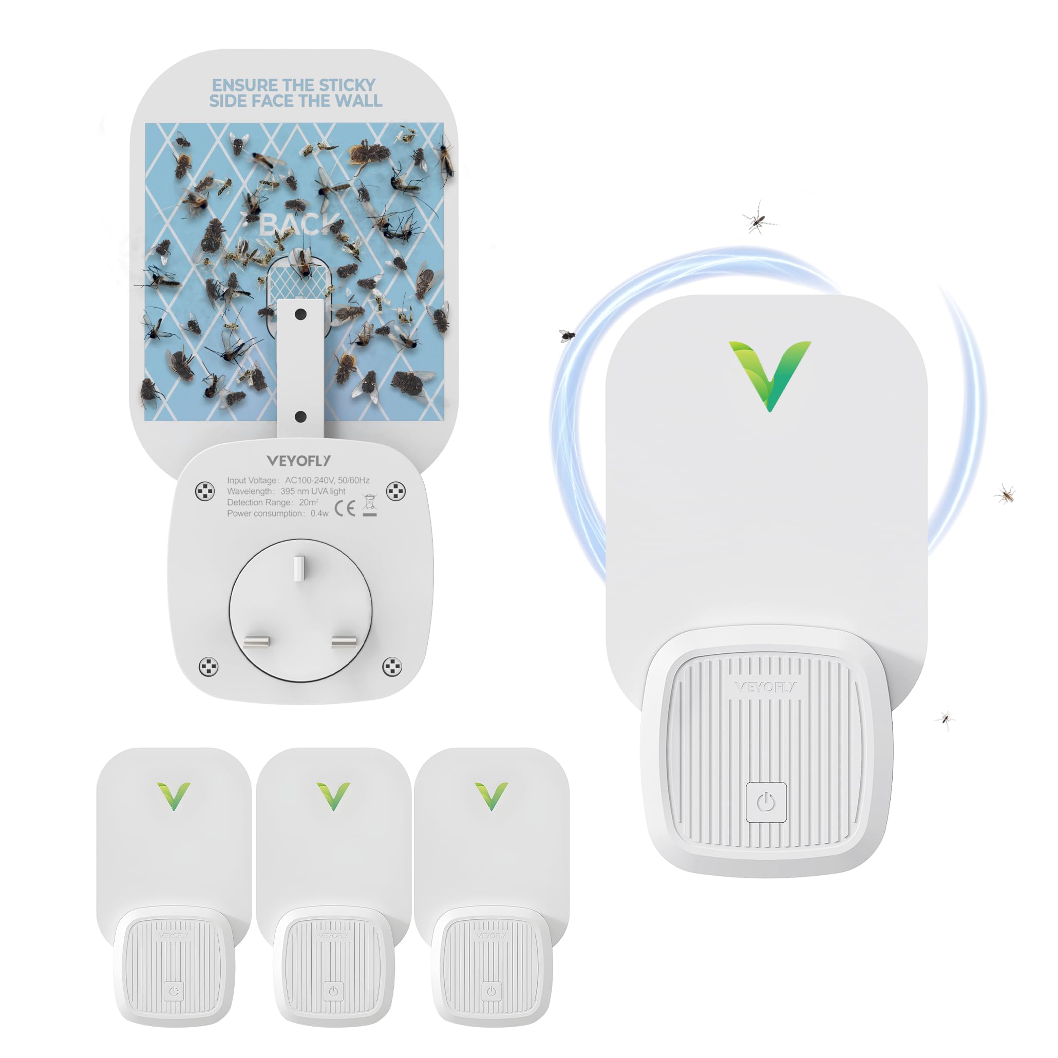 VEYOFLY Indoor Fly Trap | Non-Toxic Plug-in Bug Light (4 Devices + 12 Refills)