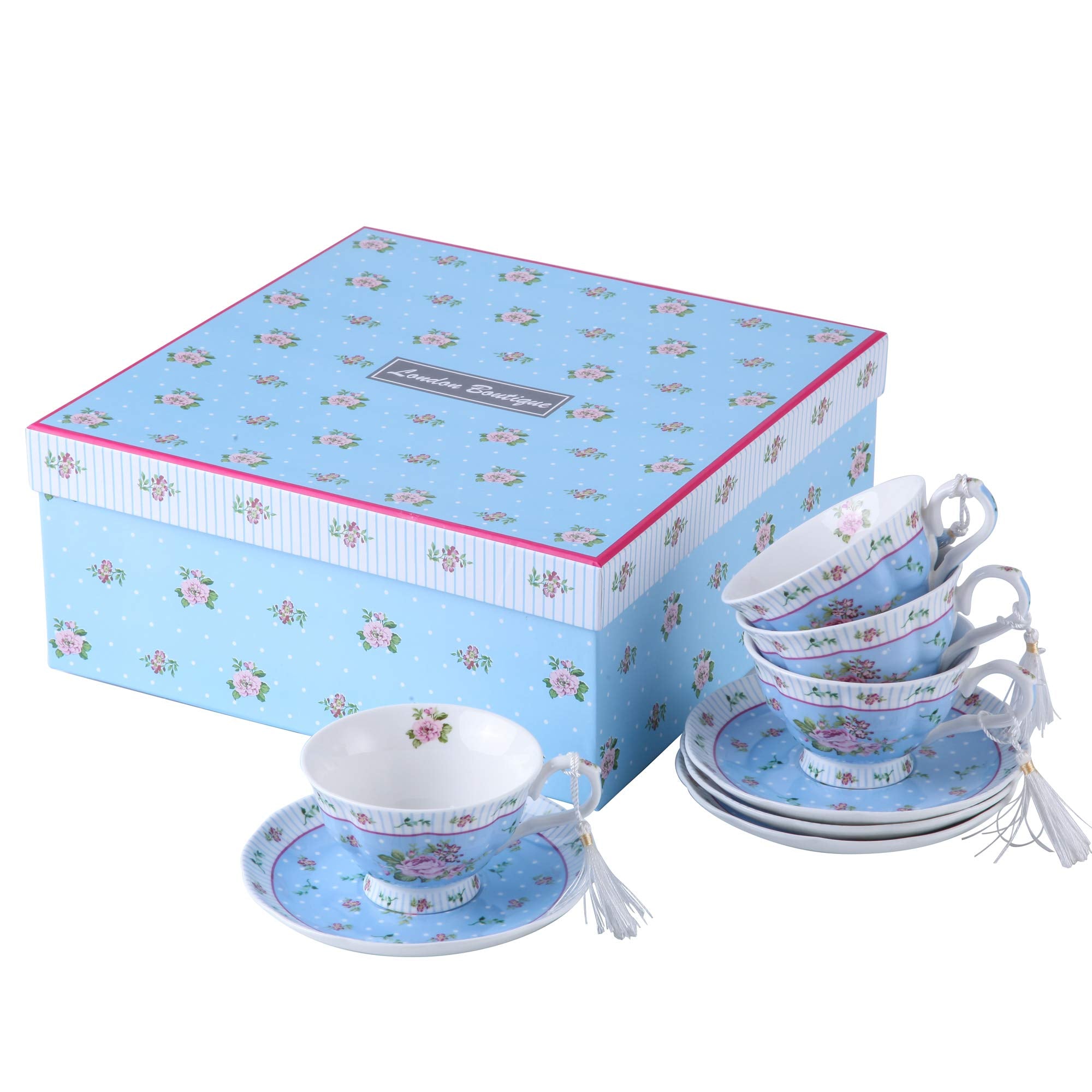London Boutique Vintage Porcelain Tea Cup and Saucer Set - 4 Piece Rose Blue