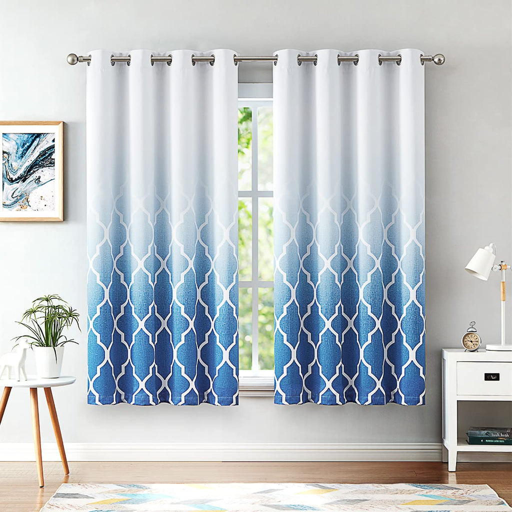 Beauoop Blue Ombre Blackout Curtains - Geometric Thermal Drapes, 2 Panels