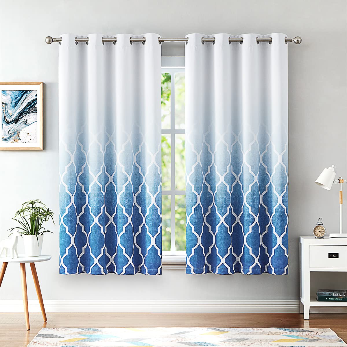 Beauoop Blue Ombre Blackout Curtains - Geometric Thermal Drapes, 2 Panels