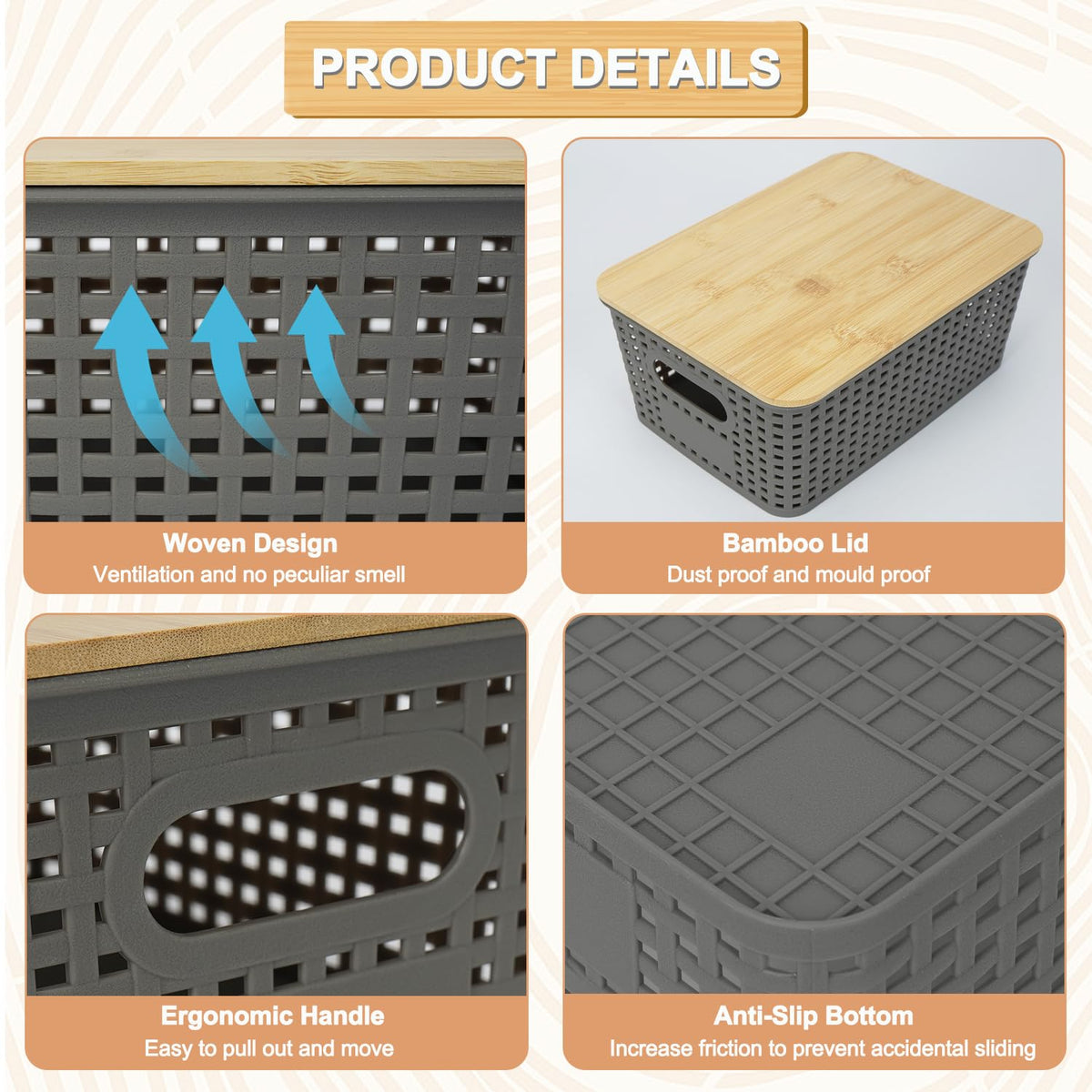 UHAPEER 6 Pack Stackable Plastic Storage Baskets with Bamboo Lid - image 3
