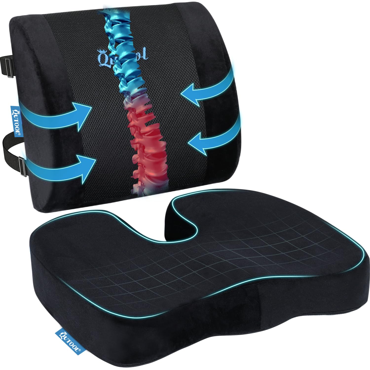 QUTOOL Memory Foam Seat Cushion & Lumbar Support Pillow for Office Chair