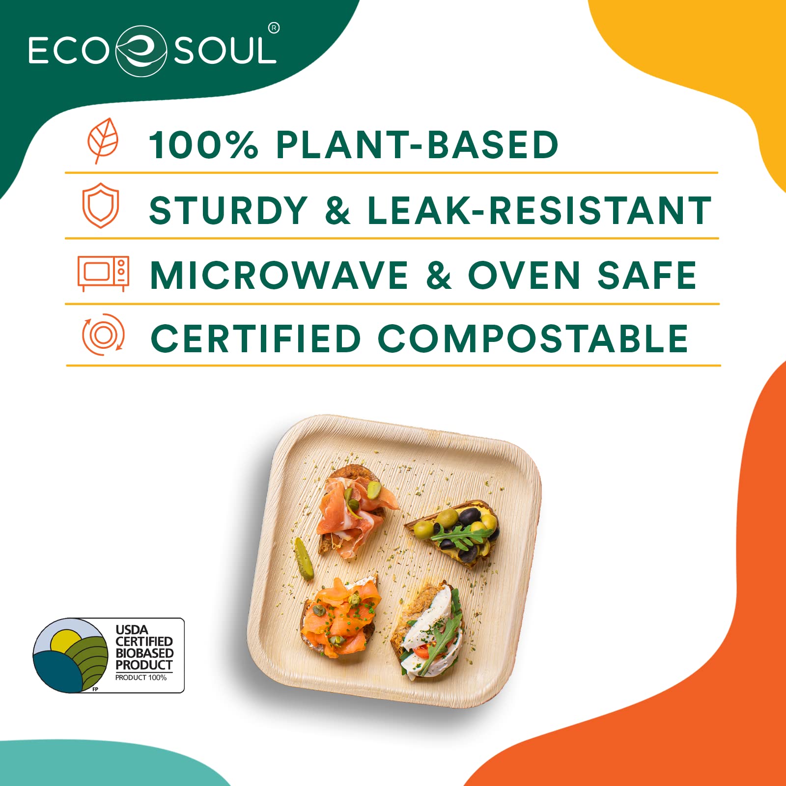 Eco Soul 100-Pack Palm Leaf Plates | 8-Inch Square Compostable Plates