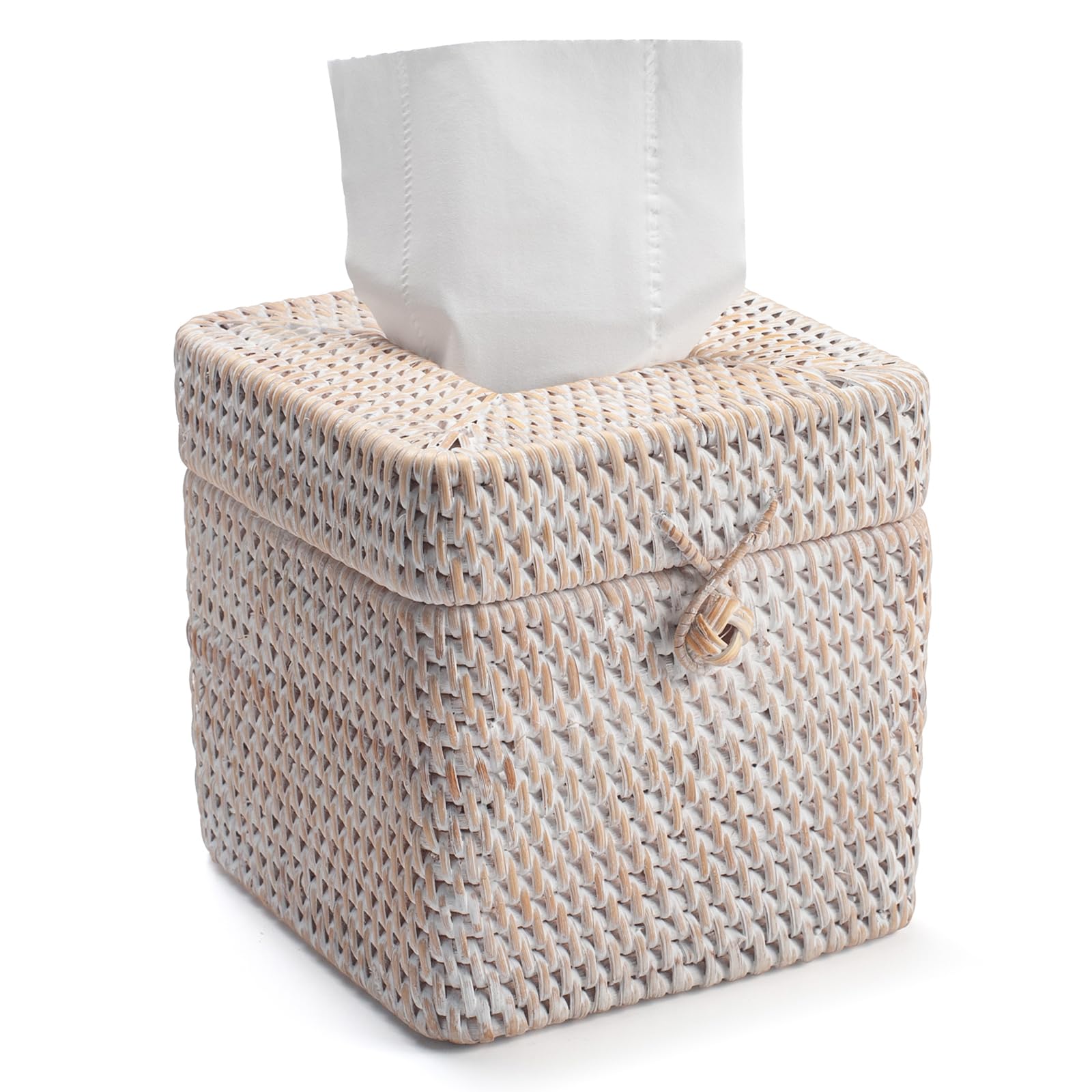 Rattan Tissue Box Cover – Square Wicker Holder, Whitewash