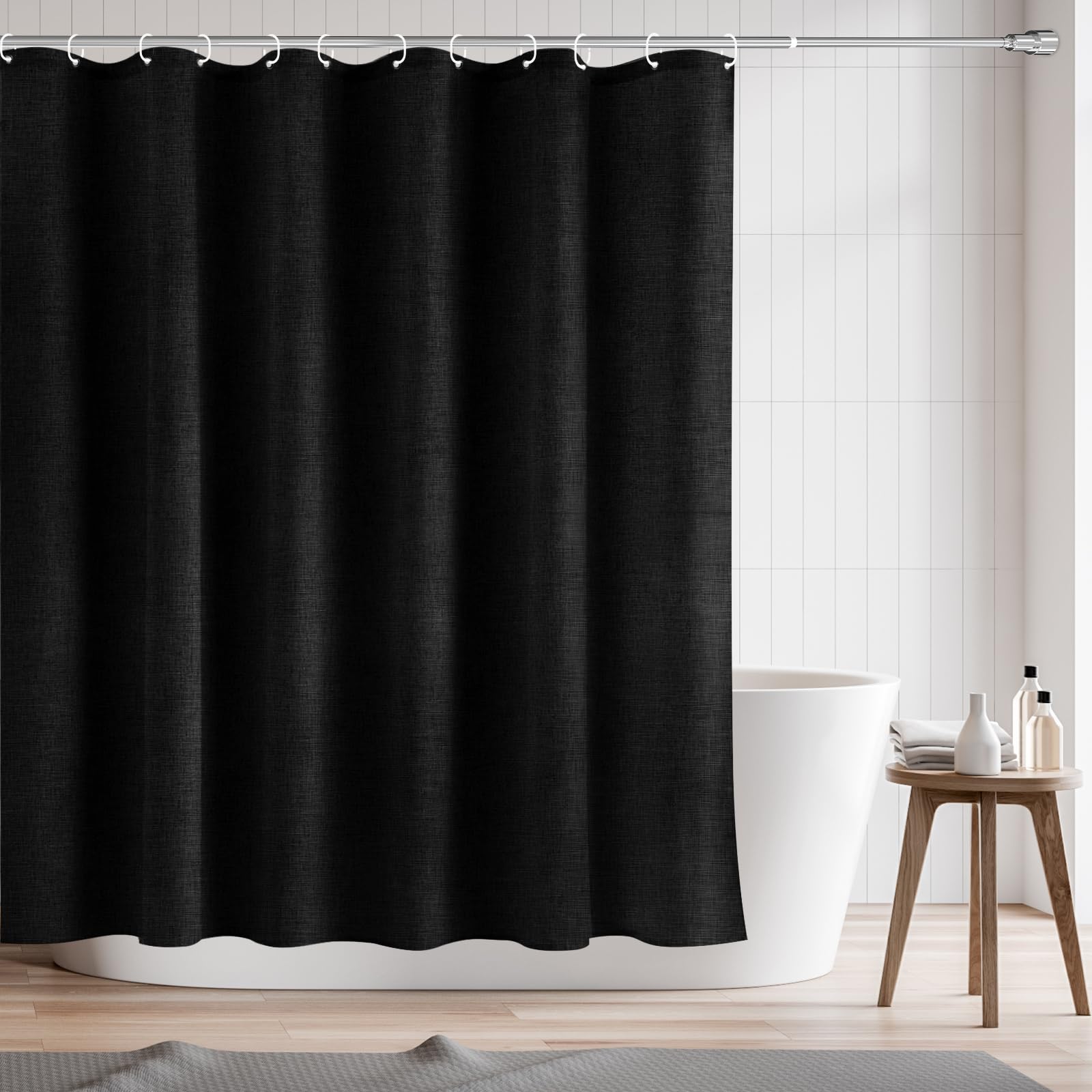 RAYNEAY Natural Linen Shower Curtain – Water-Resistant Weighted Hem, Black