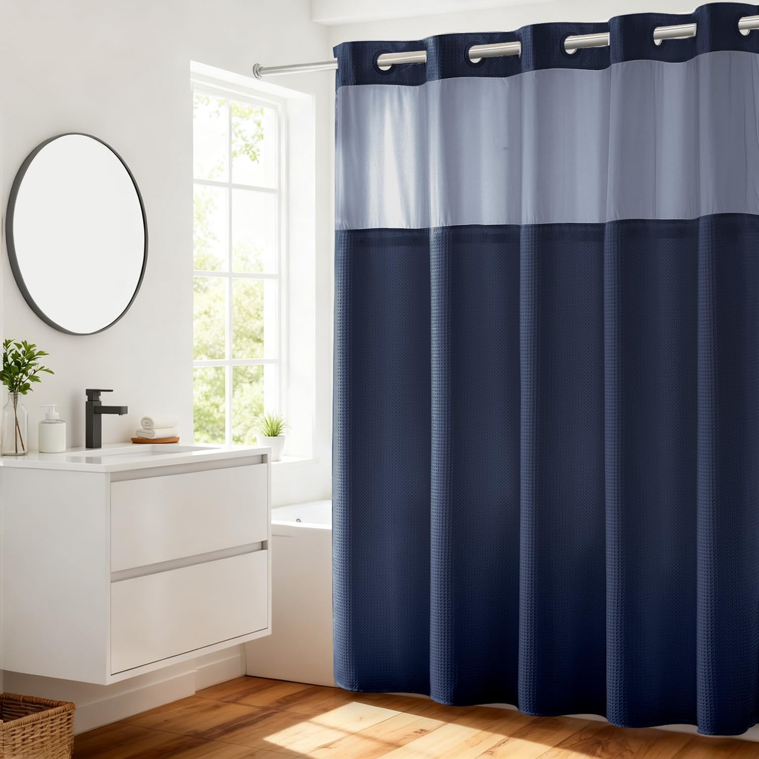 River Dream Navy Waffle Weave Hookless Shower Curtain with Snap-in Liner