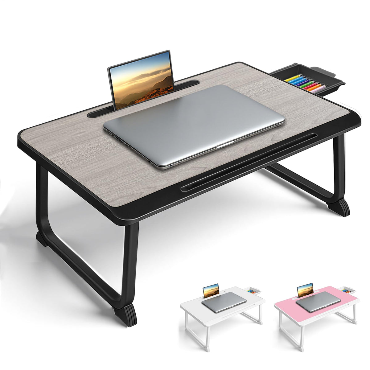 Lap Desk, Bed Table with Drawer, for Laptop, Reading, Writing, Eating & Watching Movies on Bed, Sofa, or Floor, Office and Home Grey