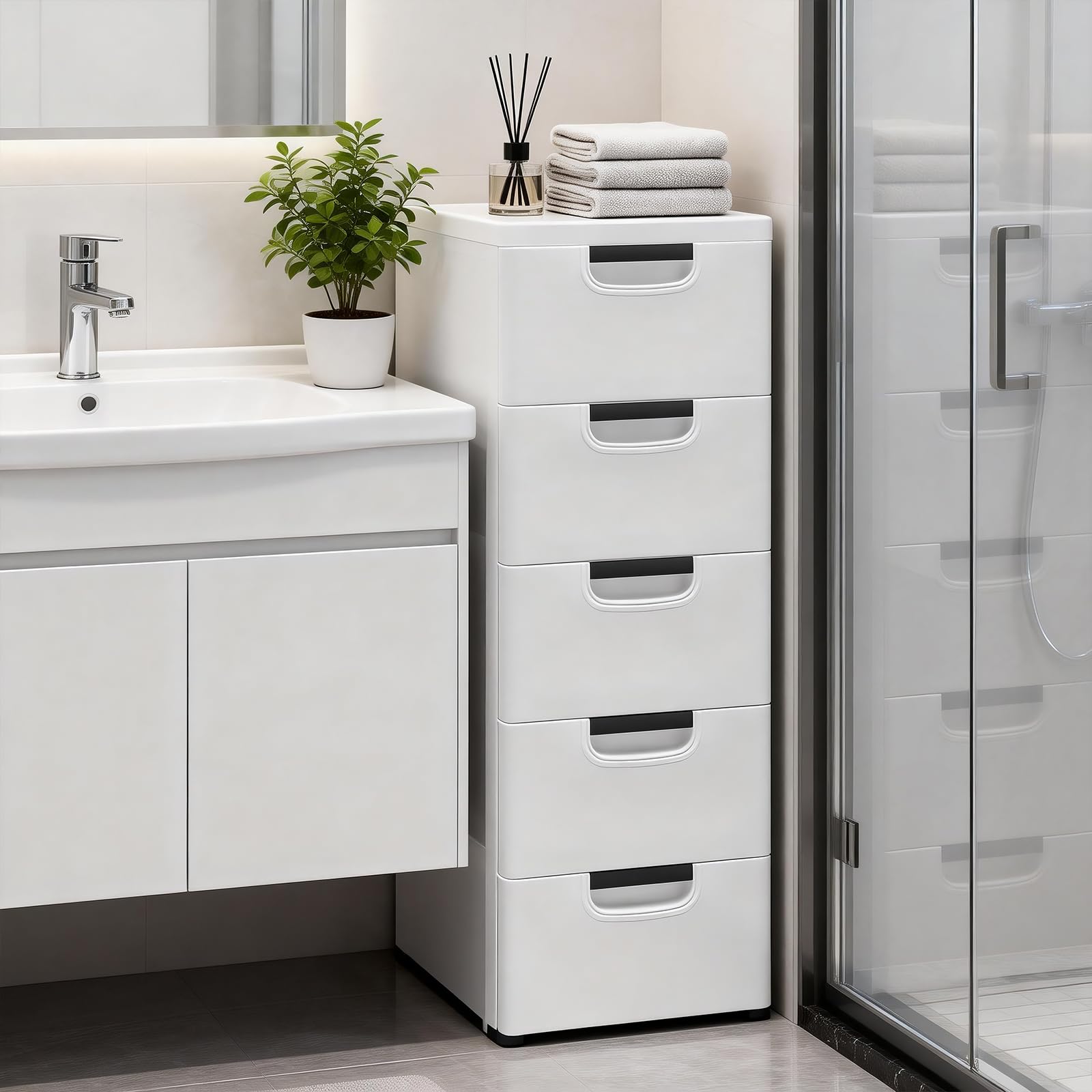5-Tier Slim Bathroom Storage Cabinet with Wheels - Waterproof PP