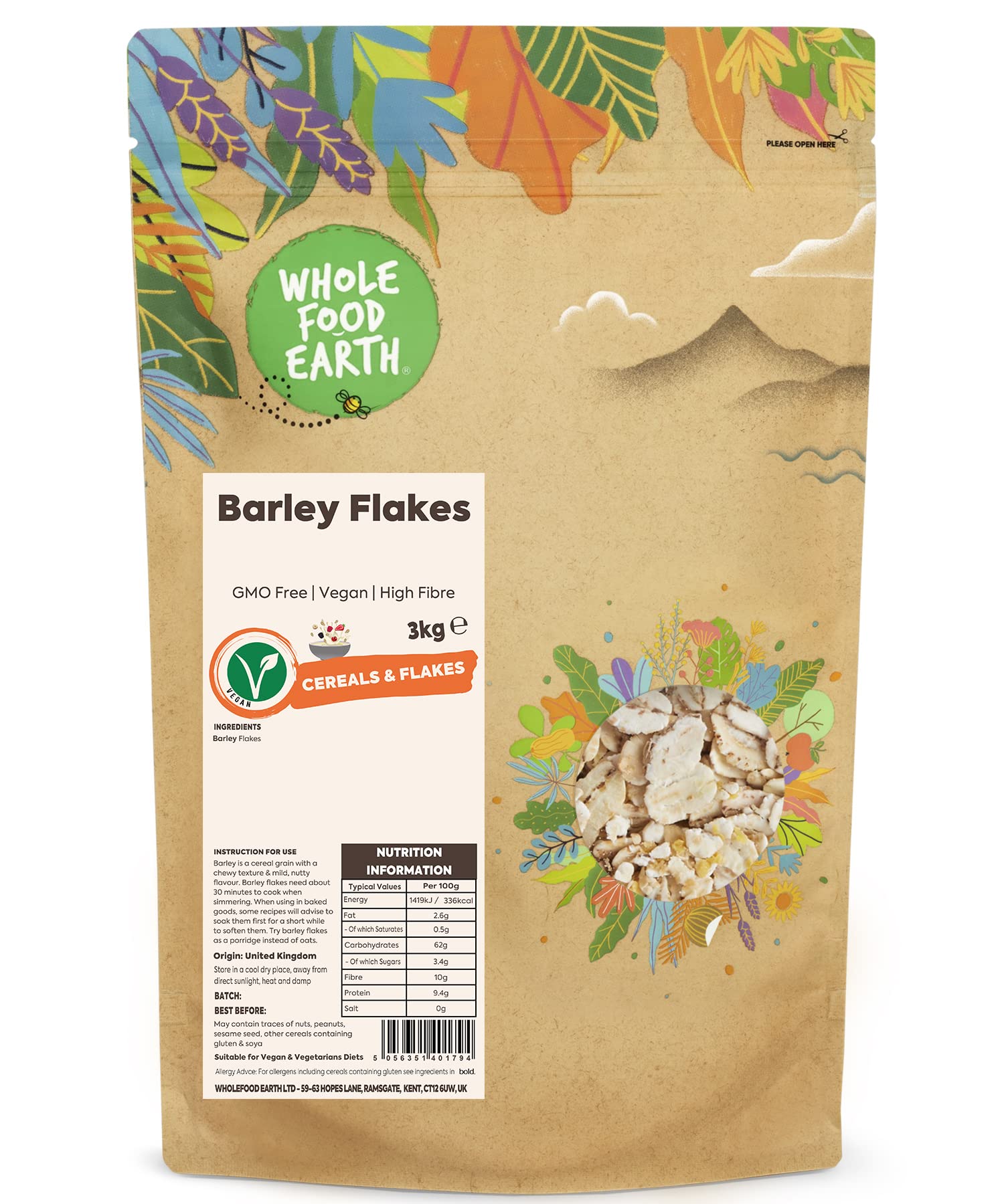 Wholefood Earth Barley Flakes – 3kg High Fibre Vegan Whole Grain