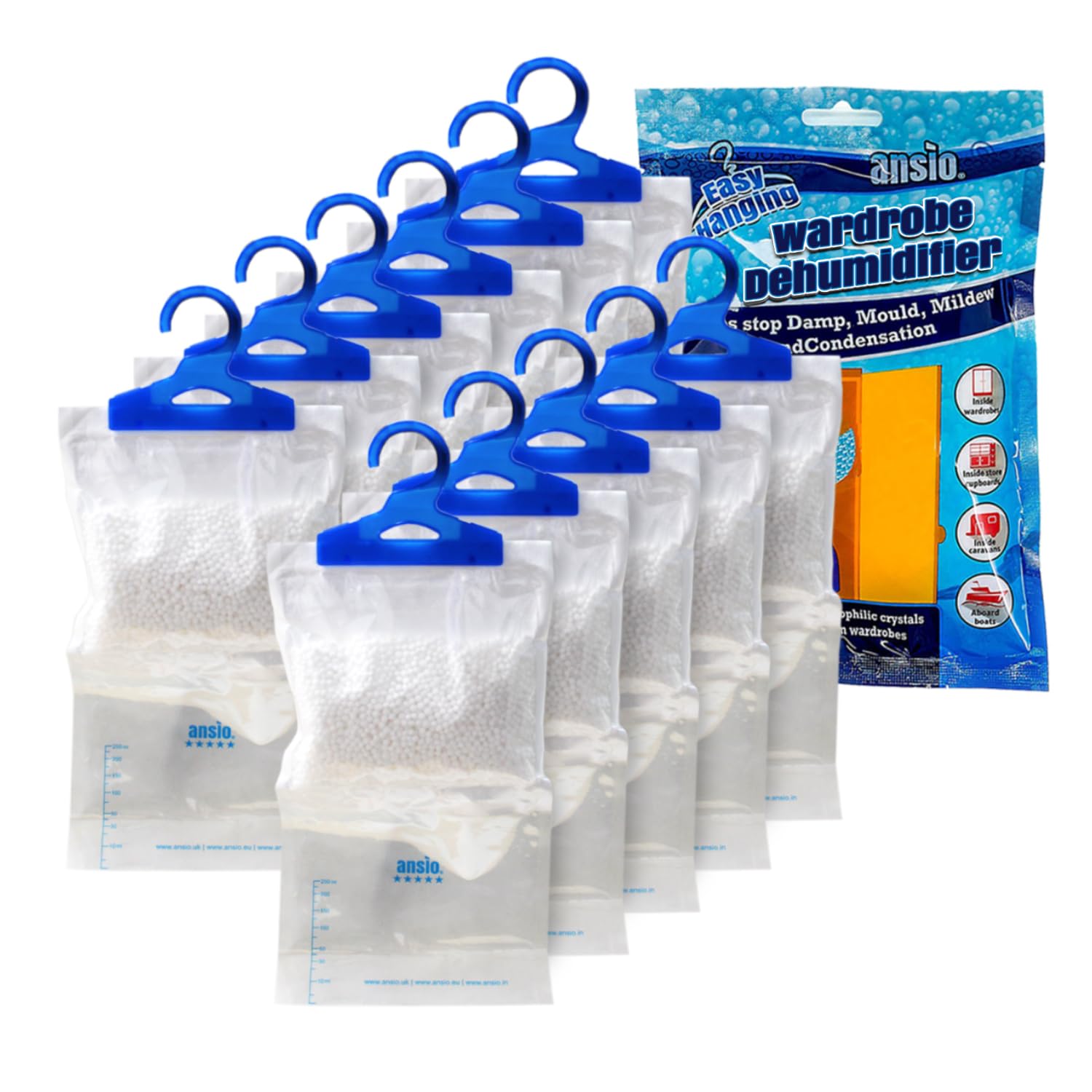 Ansio Wardrobe Dehumidifier Hanging Bags - 12 Pack Moisture Absorber