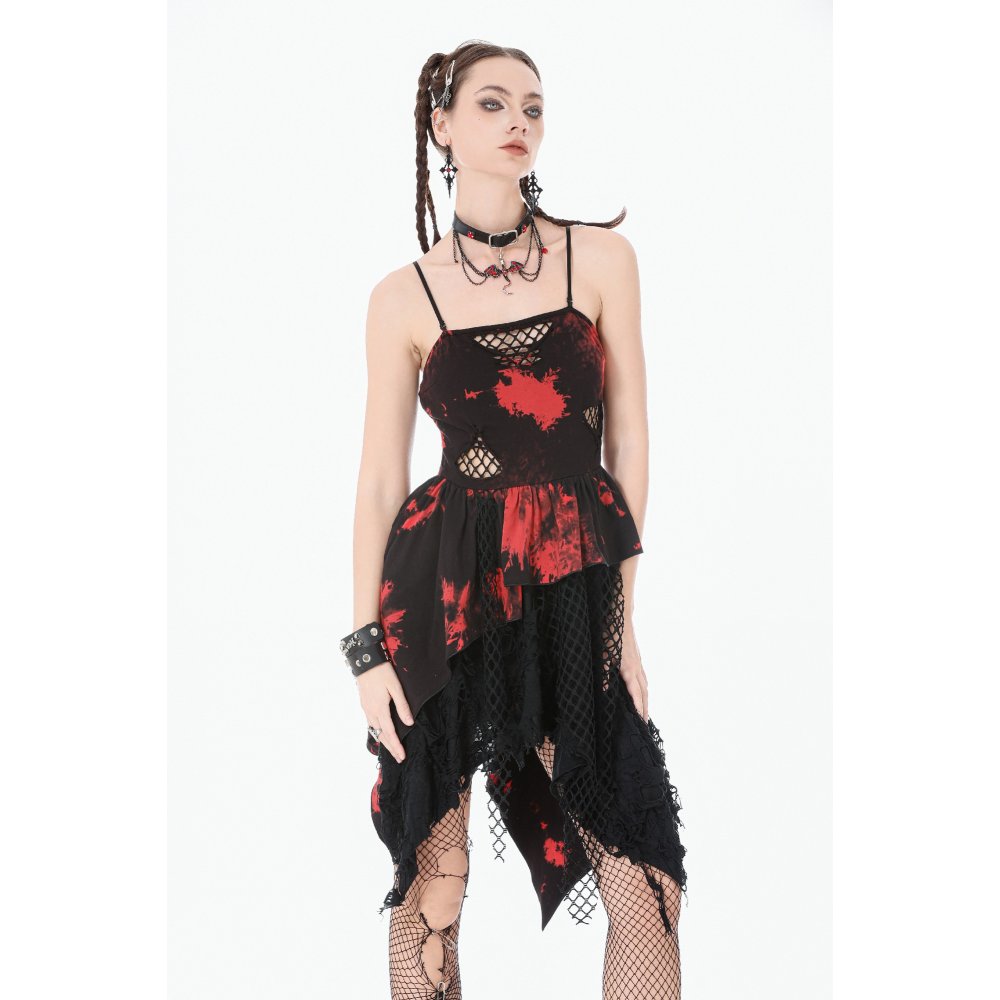 Dark in Love Red & Black Tie Dye Punk Dress | Asymmetric Mesh Goth Style