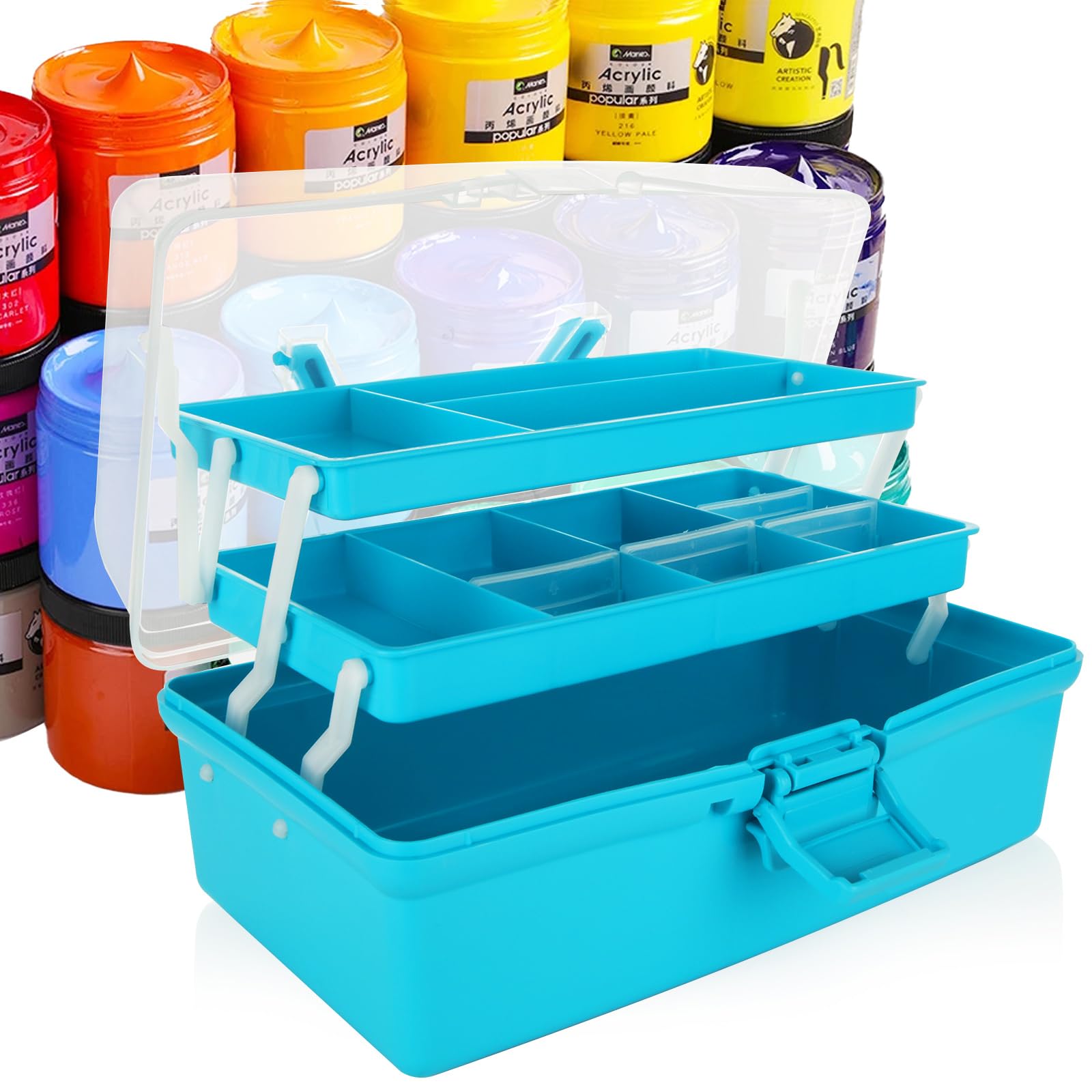 ASelected 3-Layer Plastic Cantilever Craft Storage Box with 2 Trays - Blue