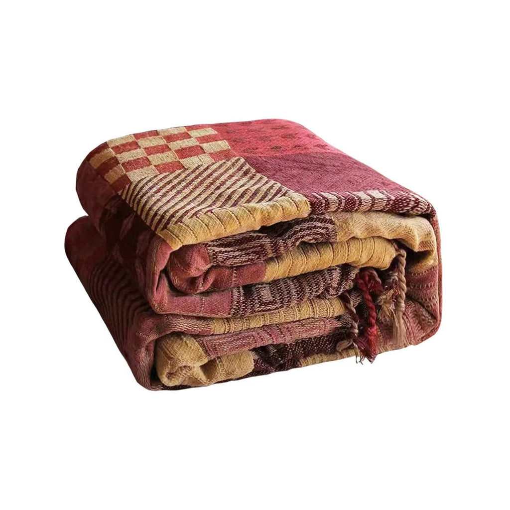 VANJOROY Bohemian Chenille Patchwork Sofa Throw Blanket with Tassels