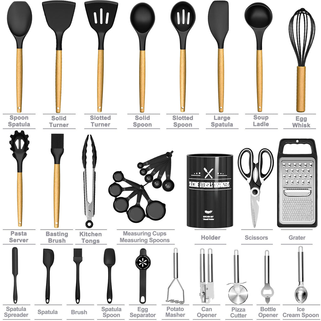 34-Piece Silicone Kitchen Utensils Set with Wooden Handles